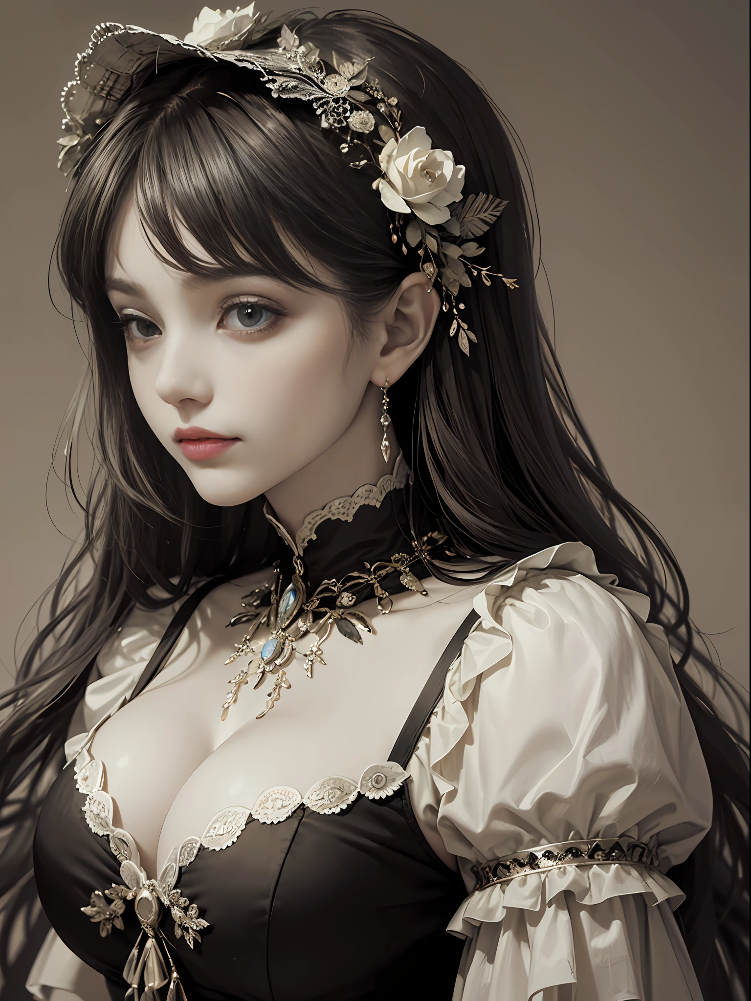 (Pure Color: 0.9), (Color: 1.1), (Masterpiece: 1,2), Top Quality, Masterpiece, High Resolution, Original, Highly Detailed Wallpaper, Beauty, Victorian, Dress, Melancholy, Big Breasts, Sepia Color, 40 years old