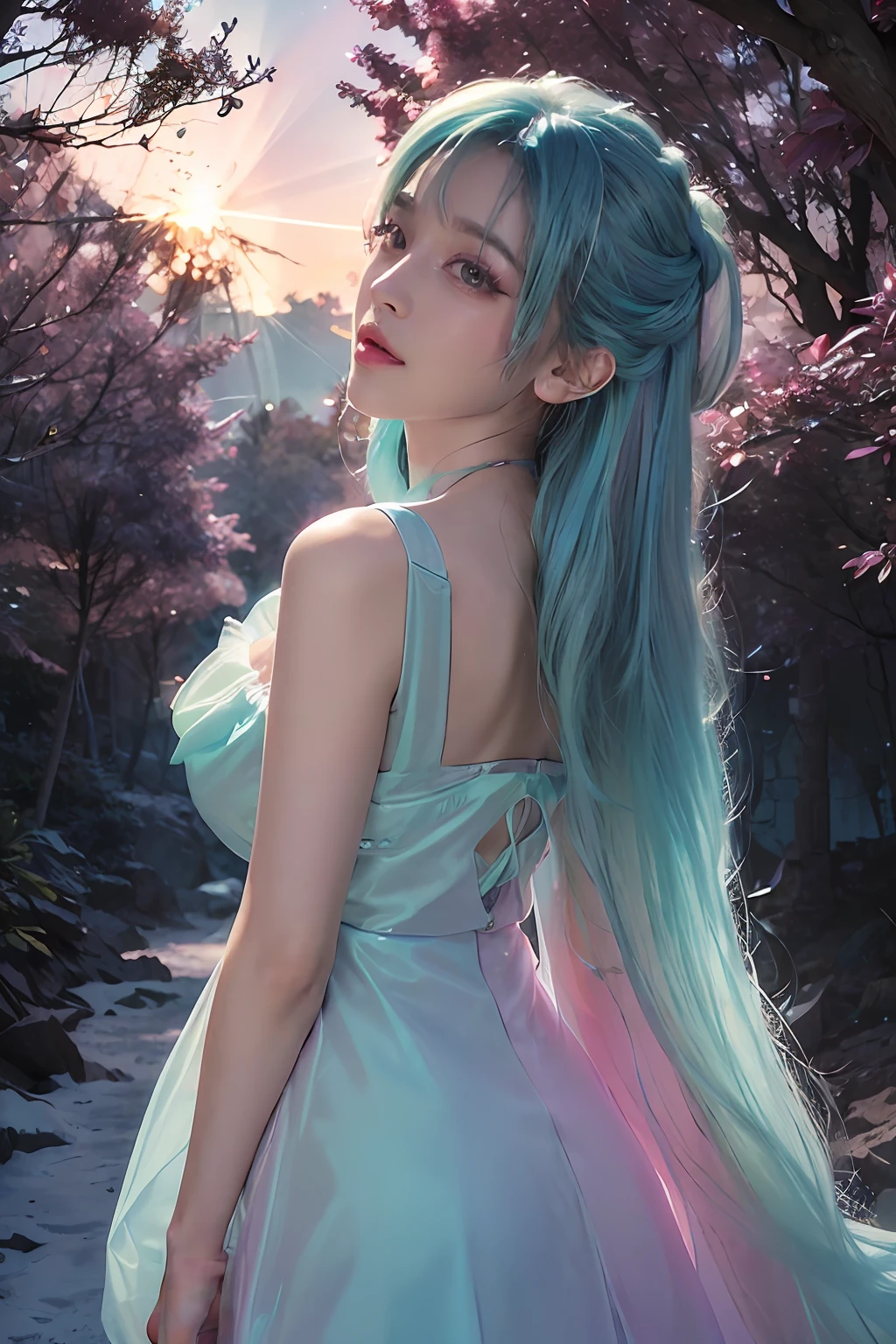 (fluorescent colors:1.4),(translucent:1.4),(retro filters:1.4), (fantasy:1.4), candy world Disney land ethereal soft fluffy soft landscape forest snowavatar Pastel pink sky green blue sparkle ethereal light pastel whimsical light rainbow stars diamonds sparkle gemstone background hyper realistic Ultra quality cinematic lighting immense detail Full hd painting Well lit,