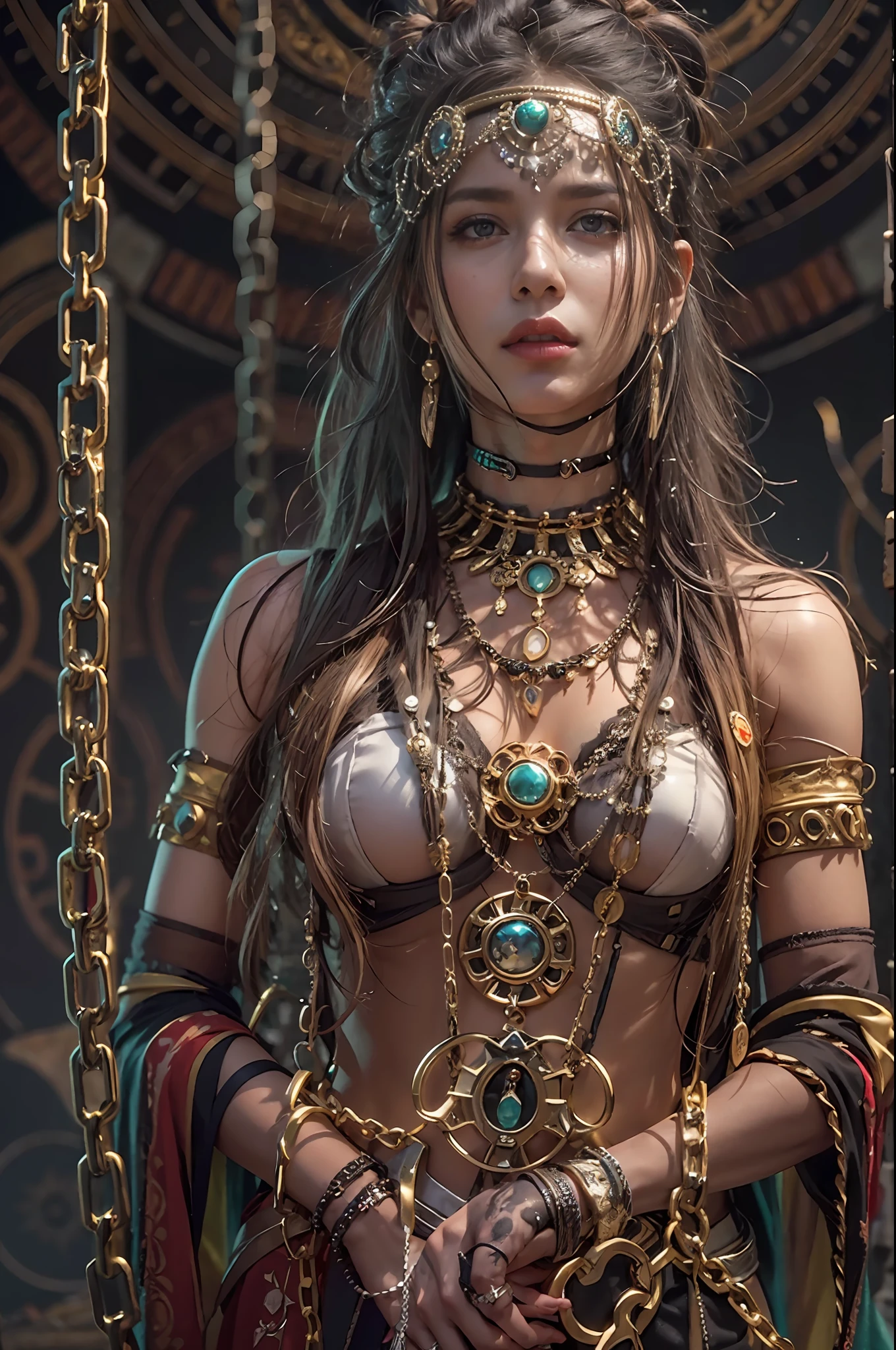 araffe woman in a costume with chains and chains around her neck, karol bak uhd, cinematic goddess body shot, extremely detailed goddess shot, young goddess, her belly button is exposed, she is dressed in shaman clothes, a steampunk beautiful goddess, captivating and enticing, beautiful goddess, lone petite female goddess, provocative indian, tall thin beautiful goddess