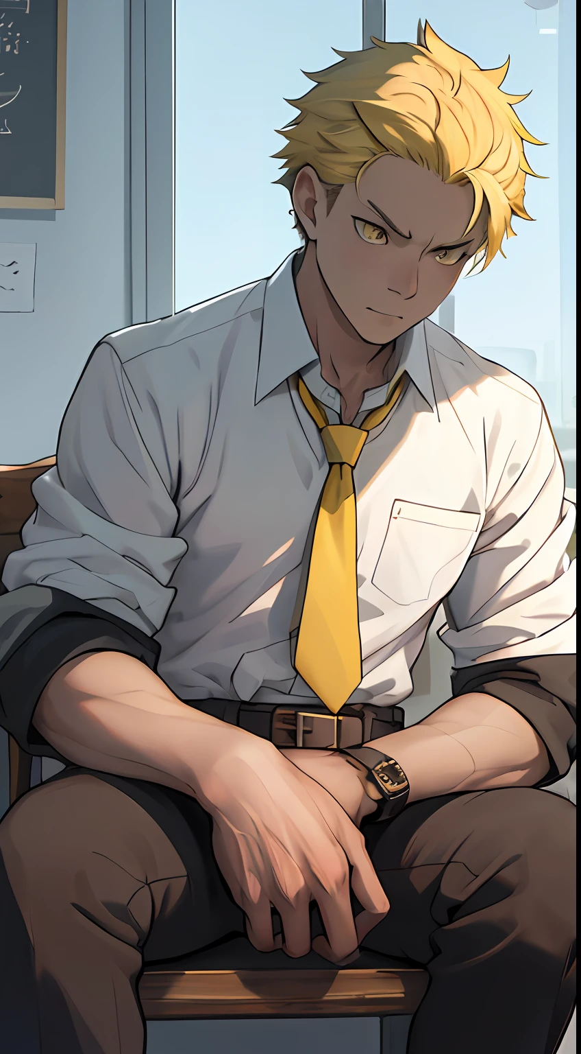 (1 Adult male),A high resolution, Sharp focus, Pixiv masterpiece, ((Complicated details)), highly detailed, natsuki_subaru, 1 man, Serious,full bodyesbian,sit astride, yellow eyes(eyes glowing), Short yellow hair,white shirt,Wear a tie,Wear a belt,perspire,look from down
