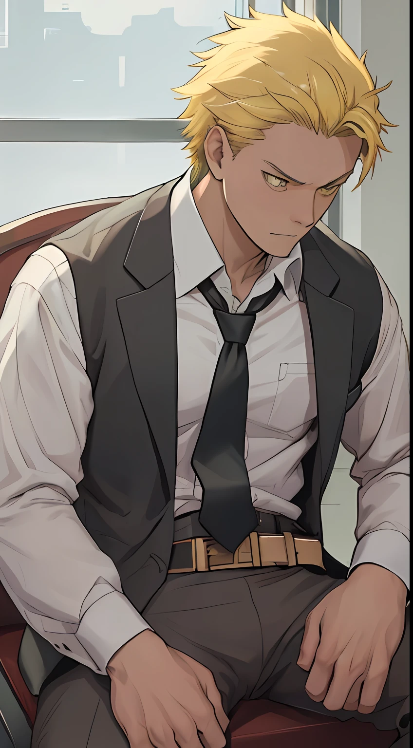 (1 Adult male),A high resolution, Sharp focus, Pixiv masterpiece, ((Complicated details)), highly detailed, natsuki_subaru, 1 man, Serious,full bodyesbian,sit astride, yellow eyes(eyes glowing), Short yellow hair,white shirt,Wear a tie,Wear a belt,perspire,look from down