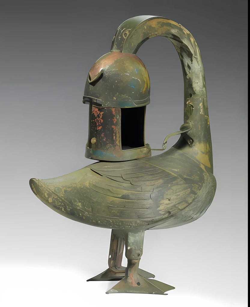 There is a bronze bird with a helmet on its head, banal object on a pedestal, museum artifact, Bronze material，the watercolor style，watercolor paiting