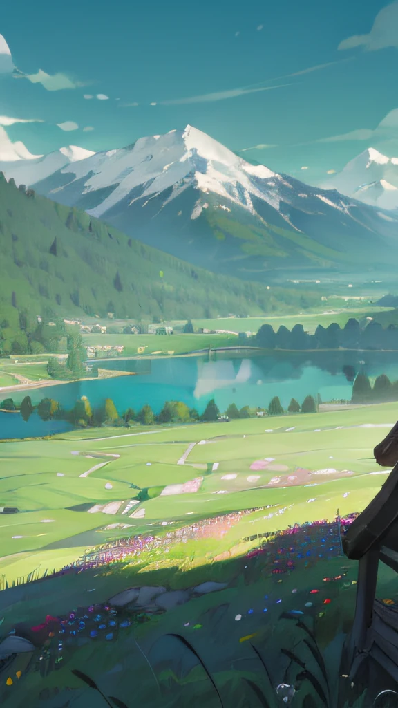 Towering snow-capped mountains,Turquoise Lake,(ln the forest),Colorful flowers,The tree,grassy,bamboos,springtime,Plenty of sunshine,Sunlight strong,lightand shade contrast,precipice,Picture,high qulity