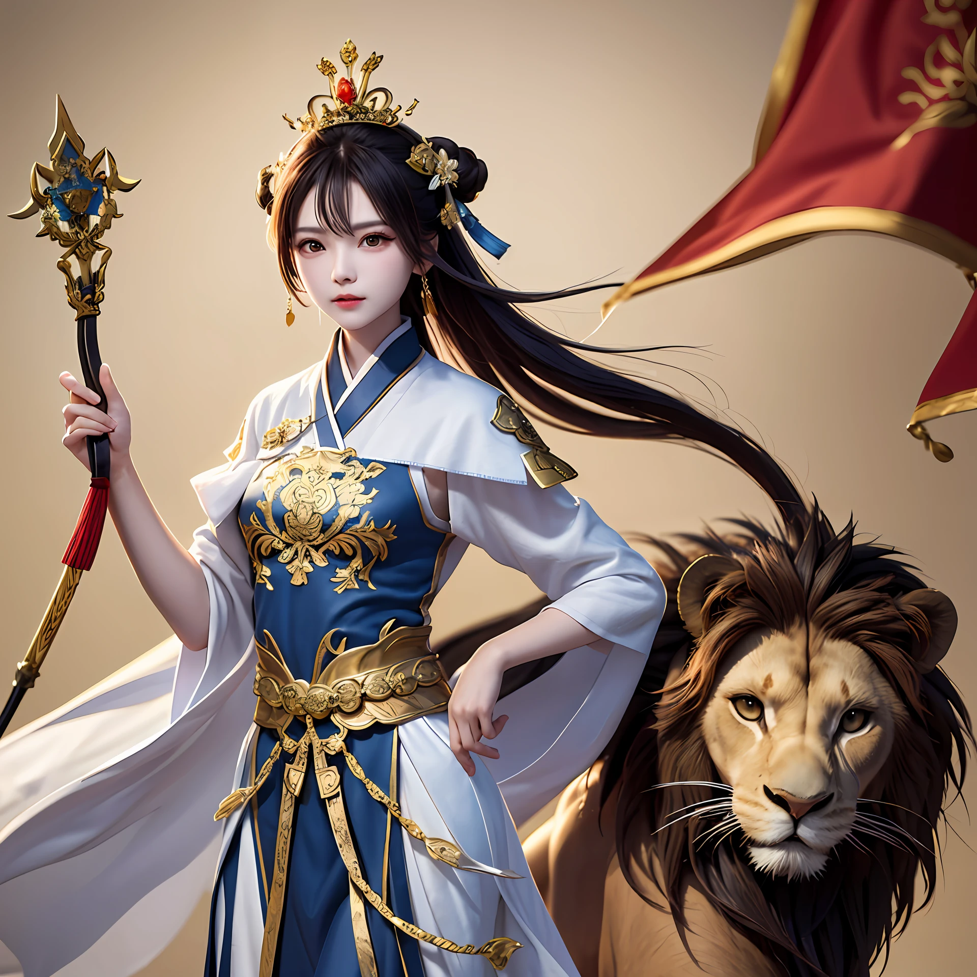 ,mtu,Born with a Weapon Yu Xuanang,majestic-looking,The crown is crowned with gold,Wear a hundred flowers battle robe,Grab Tang Qian's armor,Tie the lion barbarian belt,Holding Fang Tian's halberd