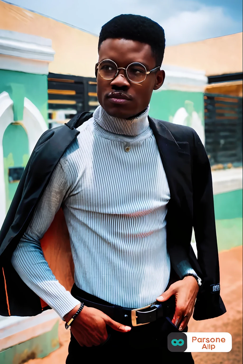 arafed man in a turtleneck sweater and glasses holding a camera, inspired by David Bailly, full body!! maximalist details, inspired by Chinwe Chukwuogo-Roy, in style of davey adesida, inspired by Camille-Pierre Pambu Bodo, by Lily Delissa Joseph, inspired by Theo Constanté