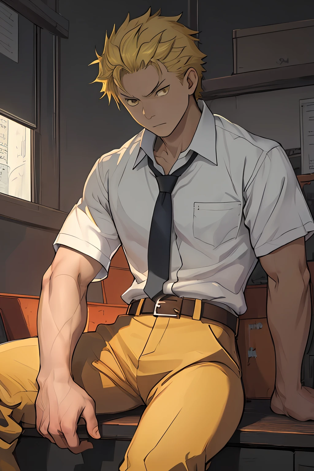 （1 Adult male），A high resolution， Sharp focus， Pixiv masterpiece， （（Complicated details））， highly  detailed， natsuki_subaru， 1 man， Serious，full bodyesbian，sit astride， yellow eyes（eyes glowing）， Short yellow hair，white  shirt，Wear a tie，Wear a belt，perspire，look from down