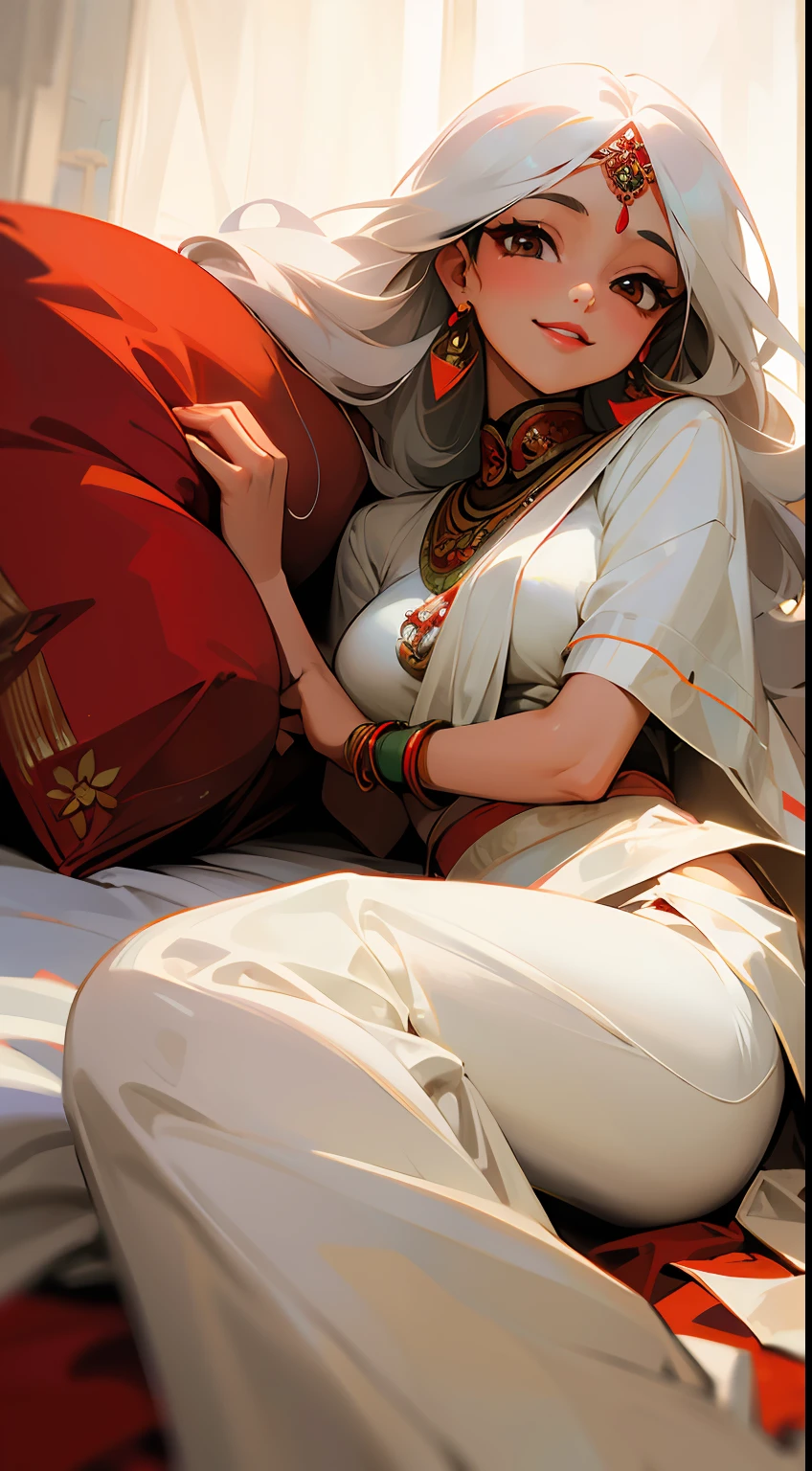 (masterpiece), best quality, expressive eyes, perfect face, young adult, asian girl, brown eyes, beautiful eyes, Indian saree, white saree, red lips, long white hair, smiling, laid in bed, white bedsheets, Indian jewelries, vibrant colours