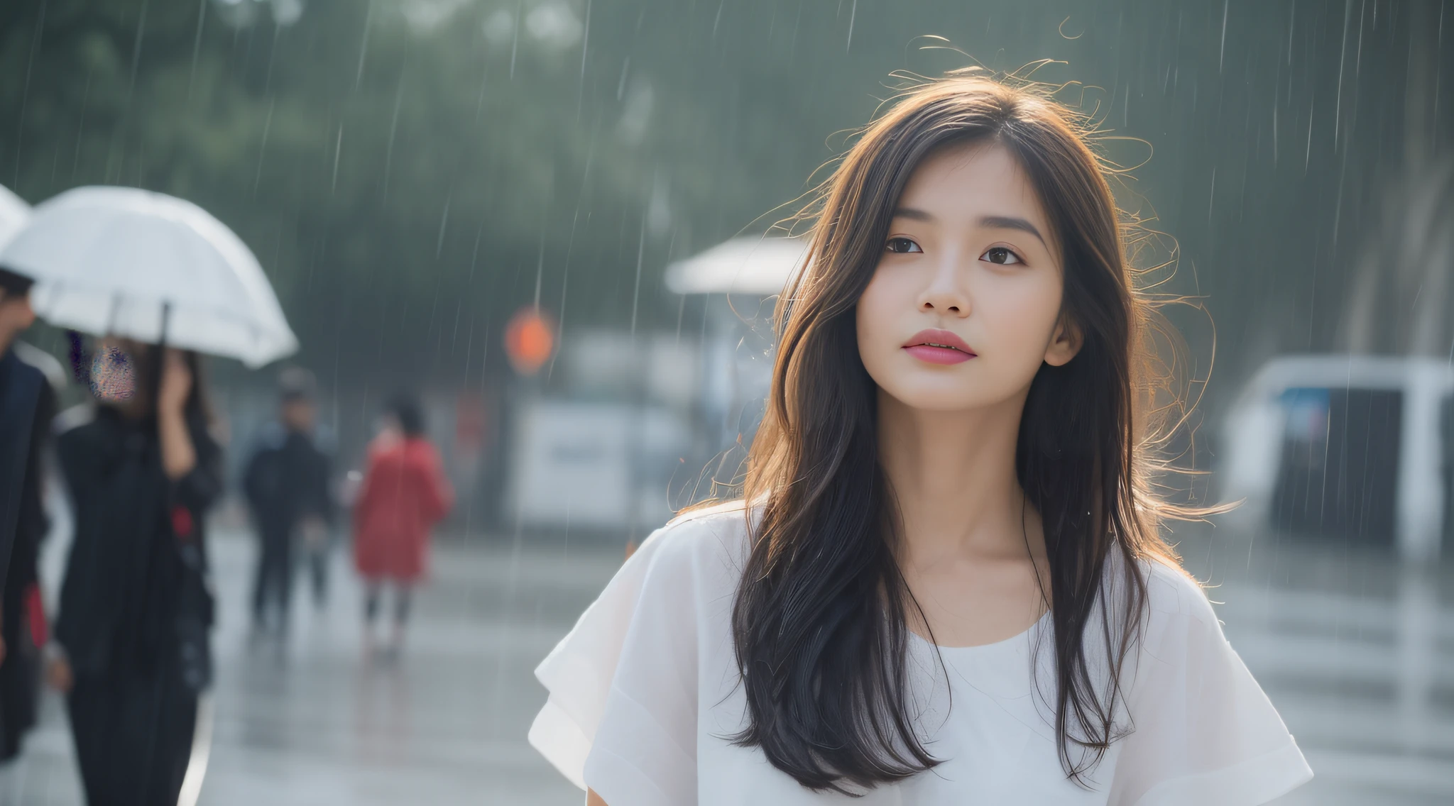 ((Best Quality, 8K, Masterpiece:1.3)), Focus: 1.2, Perfect Body Beauty: 1.4, Buttocks: 1.2, ((Layered Haircut, Breasts: 1.2)), (Wet Clothes: 1.1) , (Rain, Street:1.3), Bandeau Dress: 1.1, Highly Detailed Face and Skin Texture, Delicate Eyes, Double Eyelids, Whitened Skin, Long Hair