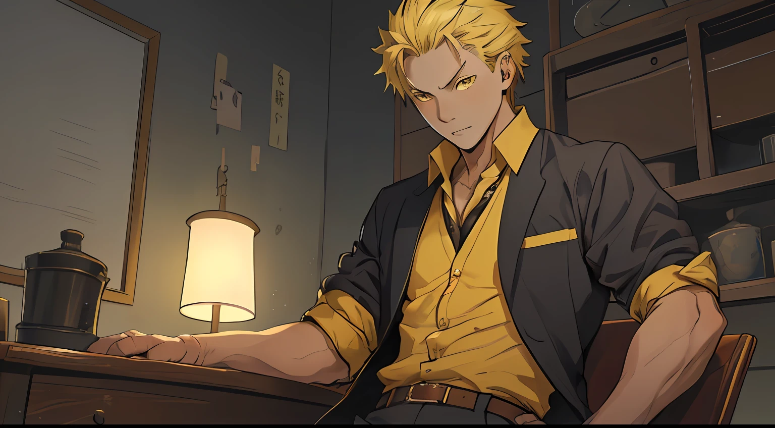 (1 Adult male),A high resolution, Sharp focus, Pixiv masterpiece, ((Complicated details)), highly detailed, natsuki_subaru, 1 man, Serious,full bodyesbian,sit astride, yellow eyes(eyes glowing), Short yellow hair,white shirt,Wear a tie,Wear a belt,perspire,look from down