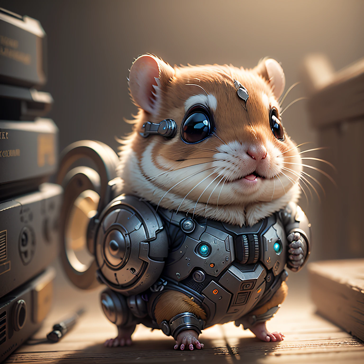 A cute hamster made of metal, (cyborg: 1.1), ([tail|detailed wire]: 1.3), (intricate detail), hdr, (hyperdetailed: 1.2), cinema lens, halo shadow, centered