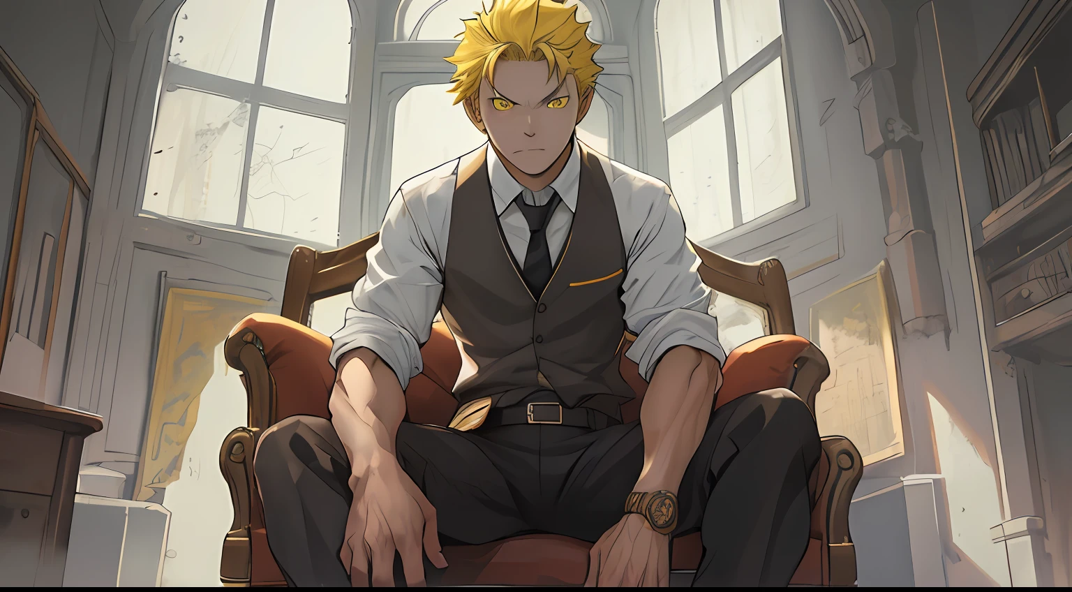 (1 Adult male),A high resolution, Sharp focus, Pixiv masterpiece, ((Complicated details)), highly detailed, natsuki_subaru, 1 man, Serious,full bodyesbian,sit astride, yellow eyes(eyes glowing), Short yellow hair,white shirt,Wear a tie,Wear a belt,perspire,look from down