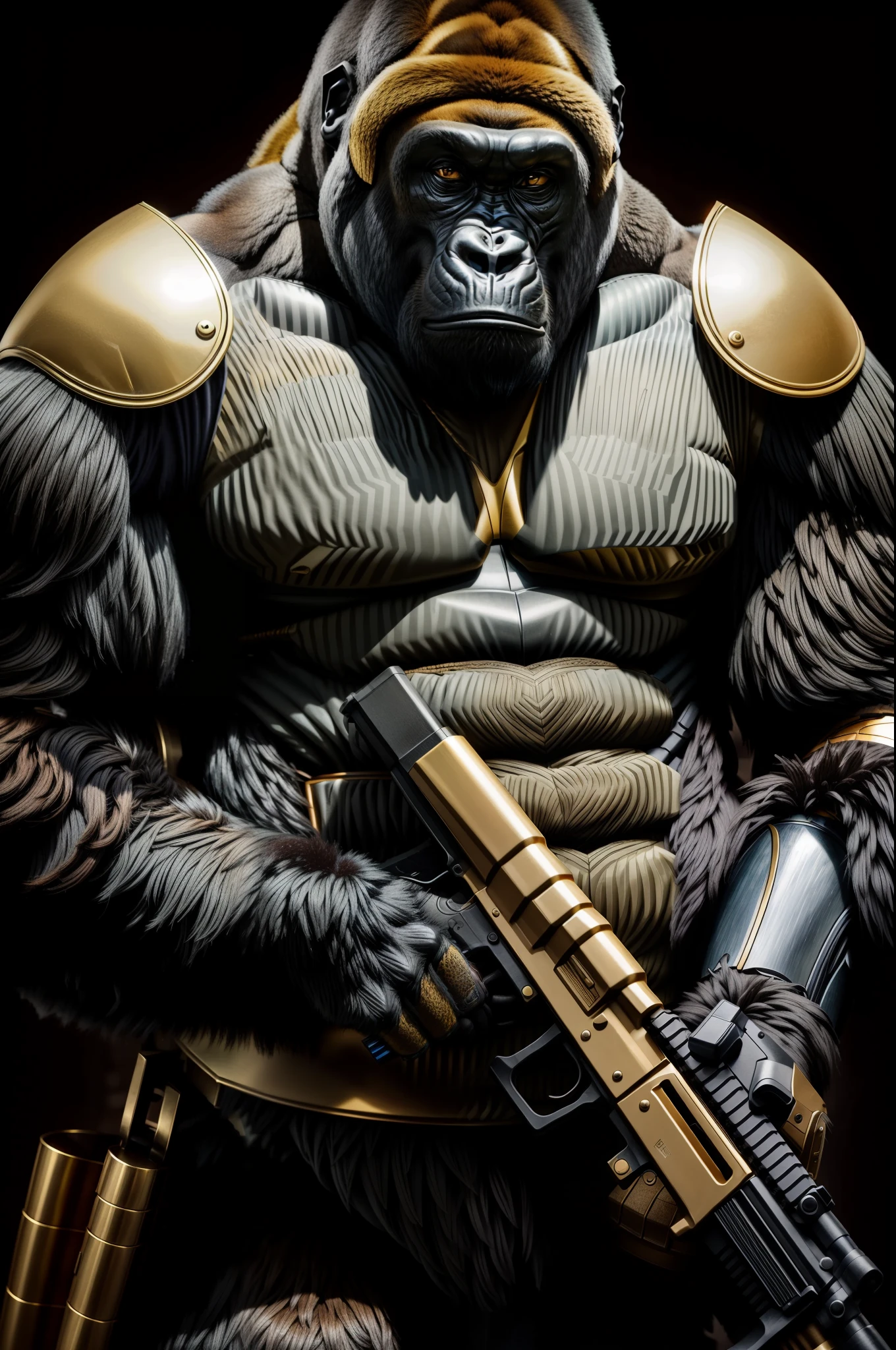 A gorilla in body armor holding a firearm,tmasterpiece,Animal hair,Best quality at best, Photorealsitic,NOWAI,banknotes,gold,jewely,diamond, arma。