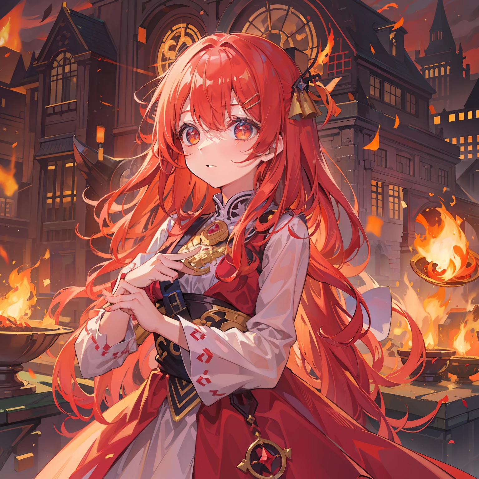 tmasterpiece，Best quality at best，one-girl，Red hair，shift dresses，with a hairpin on her head，tiese，gentleness，fire glow，irate，The background is bright，Shy and cute，Cannon in hand，Royal Sister