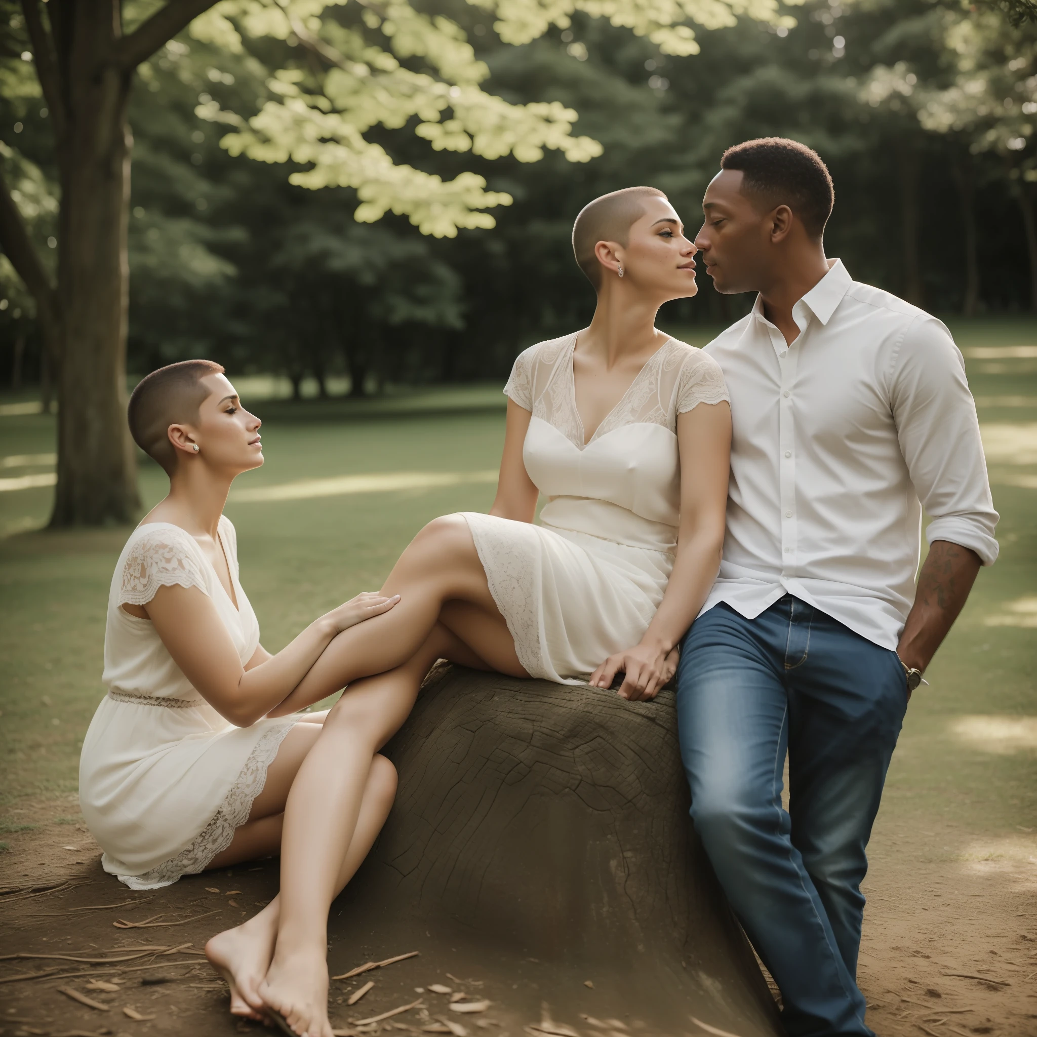 Romantic scene of couple kissing in the park, leaning against a tree, um homem ((30 anos,pele brown, com cavanhaque, buzz cut)) E mulher ((americana, 25 anos, pale skin and freckles, olhos cinzas, nariz delicado, soft and delicate lips, cabelo blondie cinza longo e ondulado)), ultrarrealista HD altamente renderizado fotorrealista, luz natural do dia, Fuji Camera