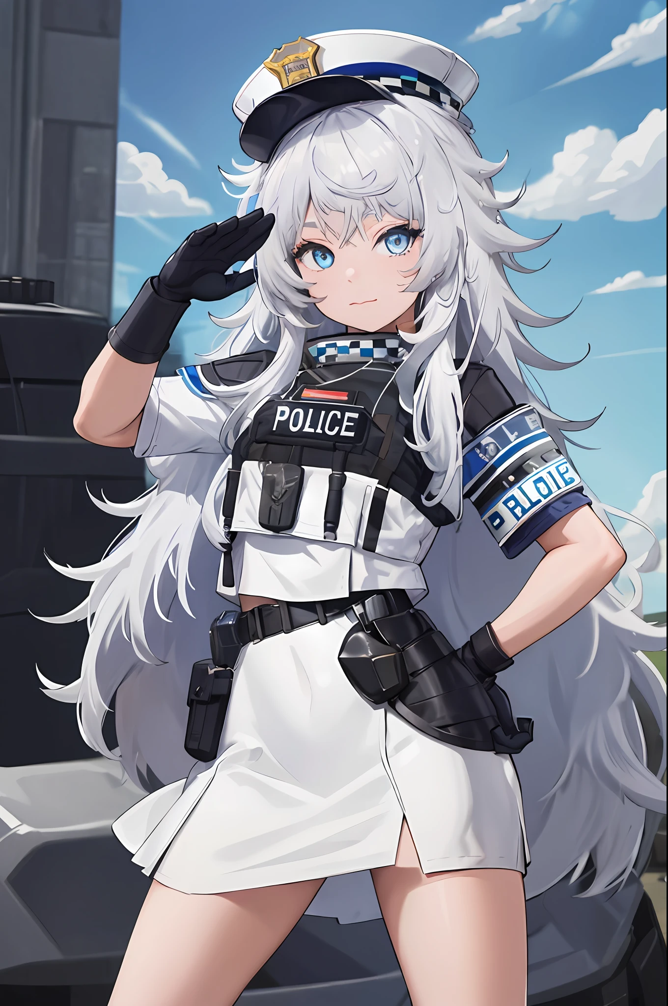 masterpiece, best quality, highres, 1girl, solo, long hair, hat, blue eyes, white hair, messy hair, black gloves, white socks, police uniform, black skirt, short sleeves, cowboy shot, salute, hand on hip,