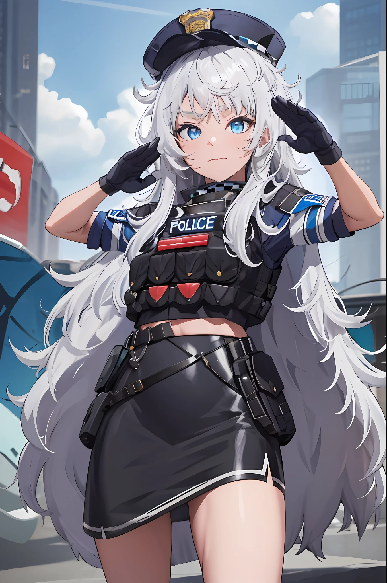 masterpiece, best quality, highres, 1girl, solo, long hair, hat, blue eyes, white hair, messy hair, black gloves, white socks, police uniform, black skirt, short sleeves, cowboy shot, salute, hand on hip,