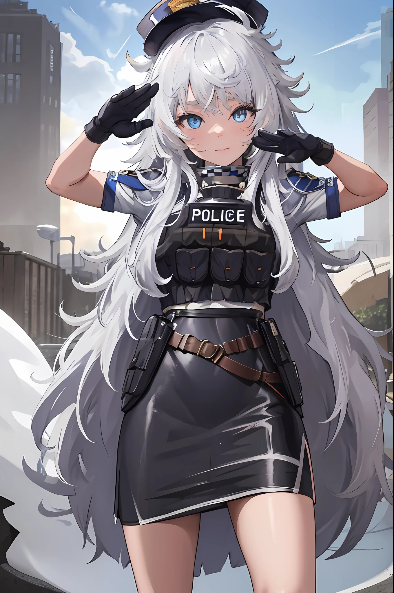 masterpiece, best quality, highres, 1girl, solo, long hair, hat, blue eyes, white hair, messy hair, black gloves, white socks, police uniform, black skirt, short sleeves, cowboy shot, salute, hand on hip,