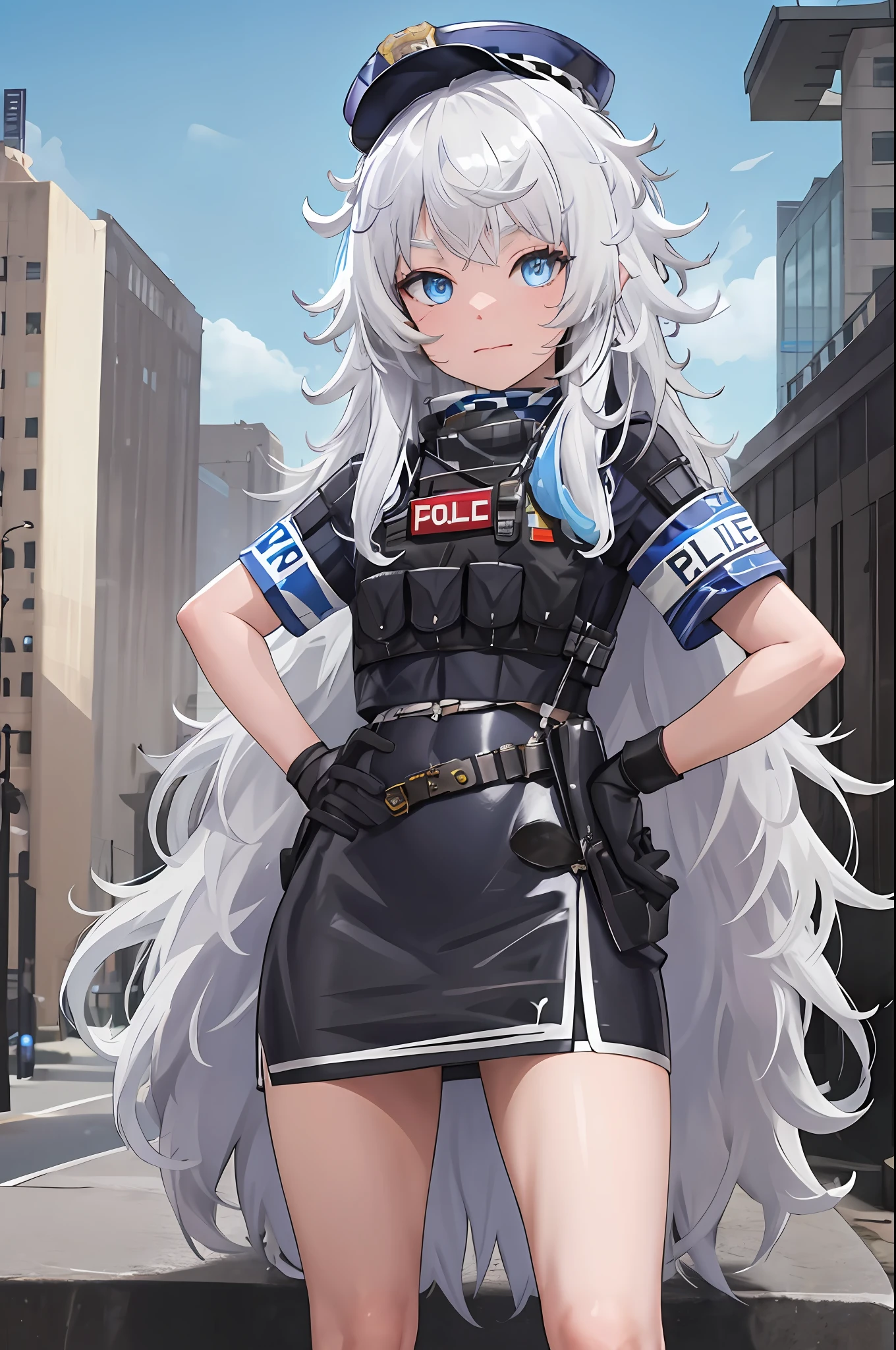 masterpiece, best quality, highres, 1girl, solo, long hair, hat, blue eyes, white hair, messy hair, black gloves, white socks, police uniform, black skirt, short sleeves, cowboy shot, salute, hand on hip,