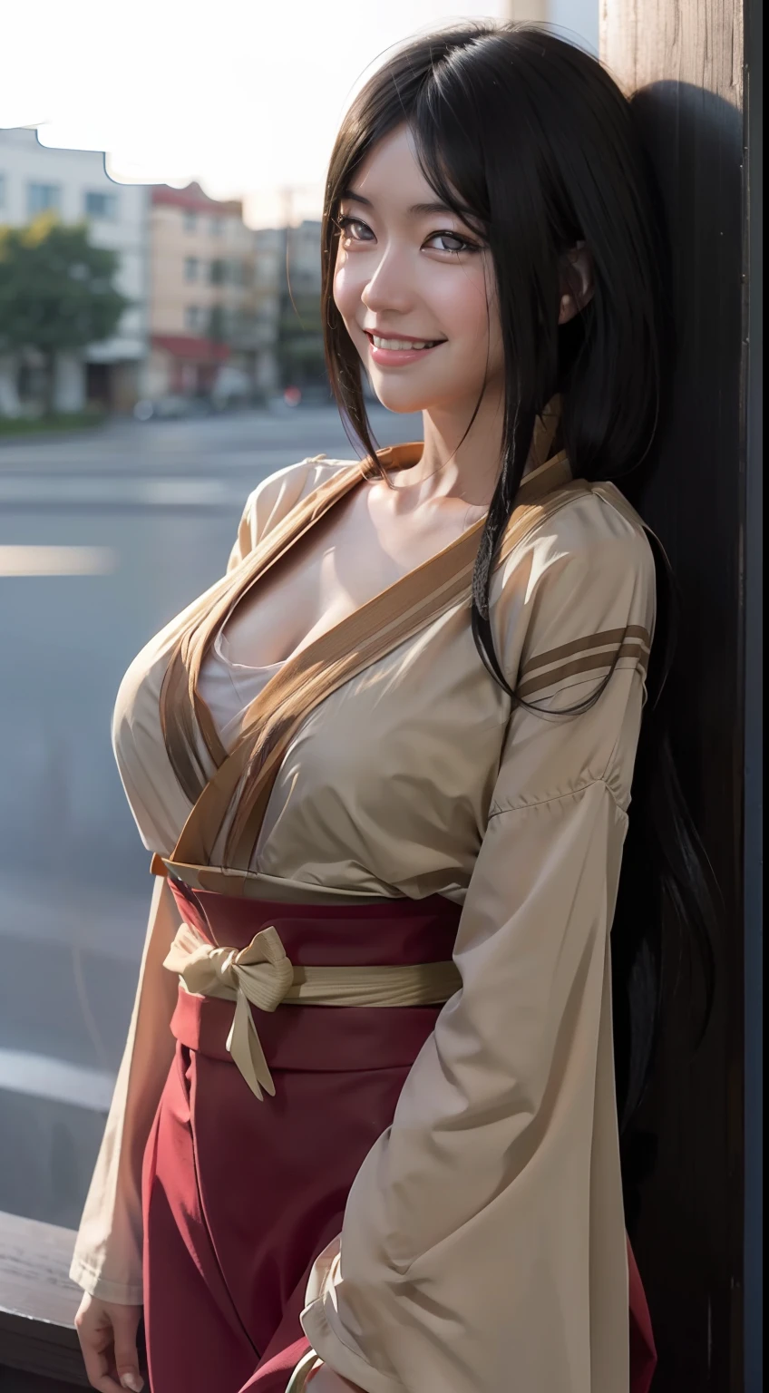 hanabi from anime naruto, long hair, black hair, girl, beautiful girl, beautiful, standing, perfect body, full body, looking at viewer, smiling expression