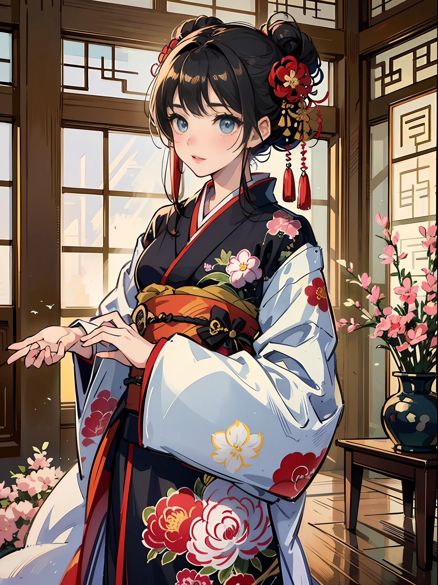 Master Pieces,hyper quality, Hyper Detailed,Perfect drawing,独奏、Beauty in the world、Komono、Japanese dress、Black-haired、Japanese hair、Colorful Japan kimono、Nishijin Ori、Delicate and smart eyes、Half-open lips、sidelong glance、Graceful、Gorgeous、Beautiful、red blush(0.2)、Dazzling、Stunning、Gorgeous、Gentle、Shunguang、natural soft light、Flowers and Birds Fugetsu、traditional Japanese room、Accurate drawing、Detailed drawing、