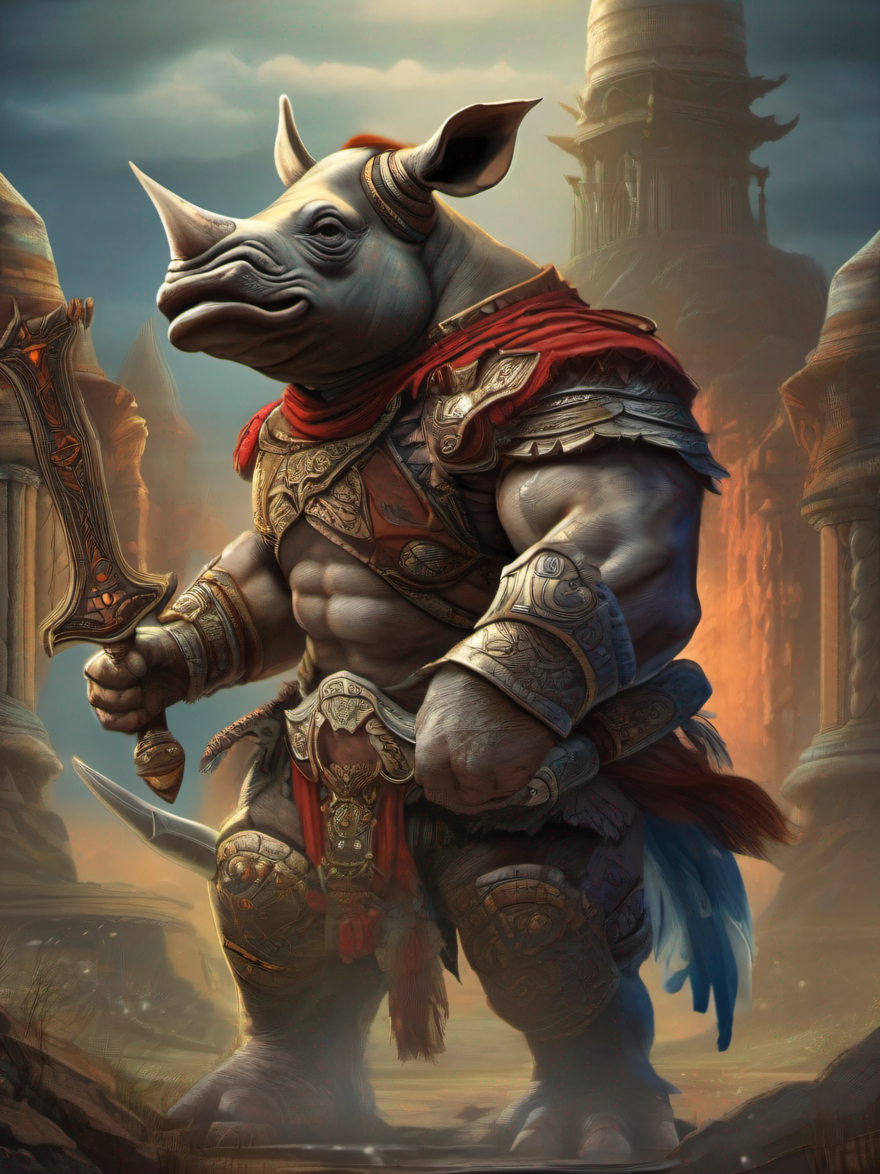 Animal Warrior, rhinoceros Warrior, from He-Man, intricate, cinematic, fantastic, muscular rhinoceros.