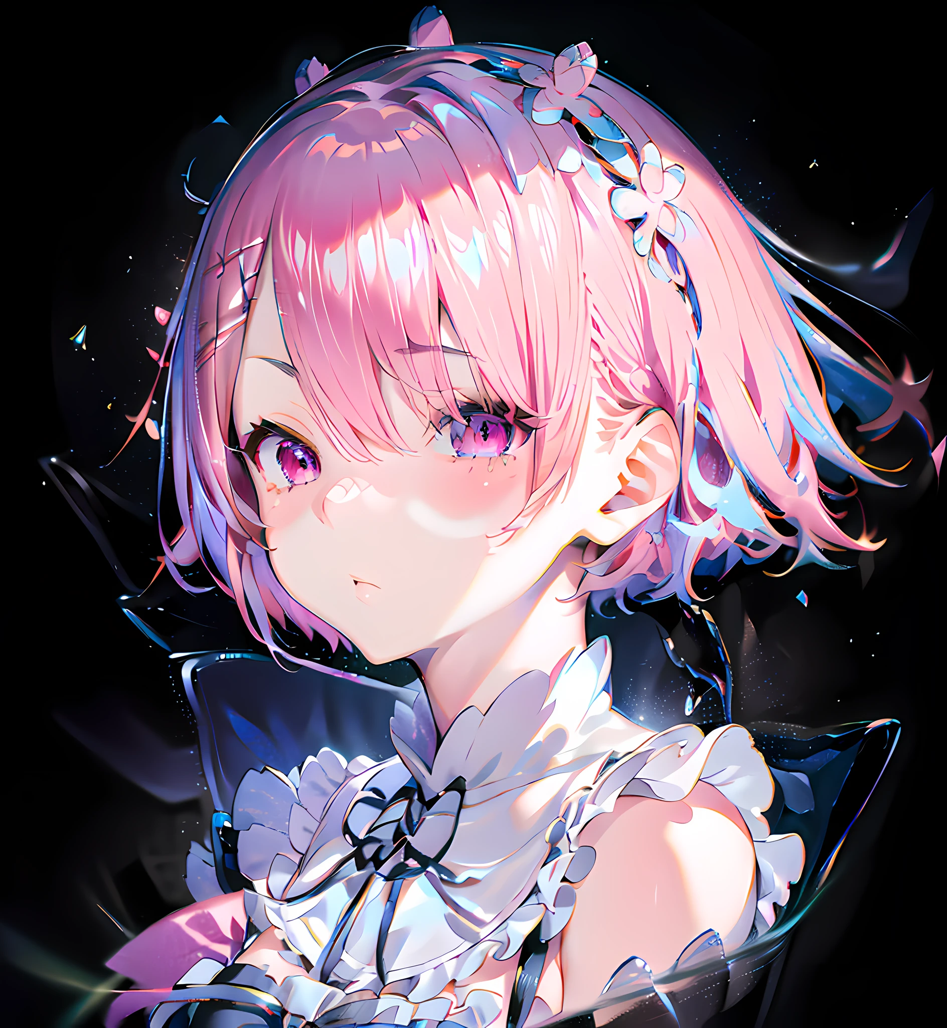 Anime girl with pink hair, rem rezero, Best 4K Anime, Portrait of a magical girl, cute girl with short pink hair, anime visual of a cute girl, black backdrop,