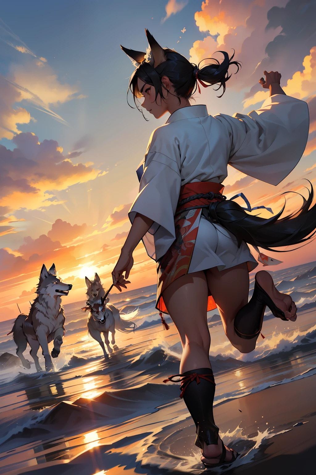 (melhor qualidade)), ((obra-prima)), (altamente detalhado:1.3) a group of a teenagers with kimonos ans wolf ears and wolf tails running in a flat land in the sunset on feudal japan