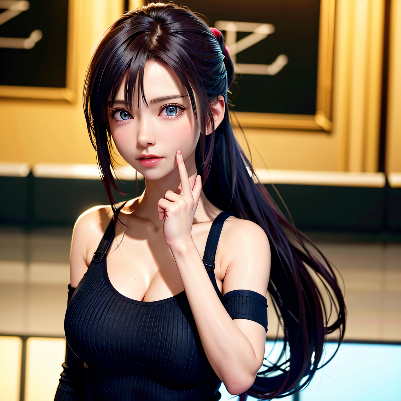 "(8k,RAW photogr,Best Picture Quality,Rendering techniques:1.2),(realisticlying,Photorealistic fidelity:1.37),1个Giant Breast Girl,adolable,eBlue eyes,(solo person),Fine ponytail,Dramatic angle,office room,Look at the audience,Perspectiva subjetiva,cyber punk perssonage。"