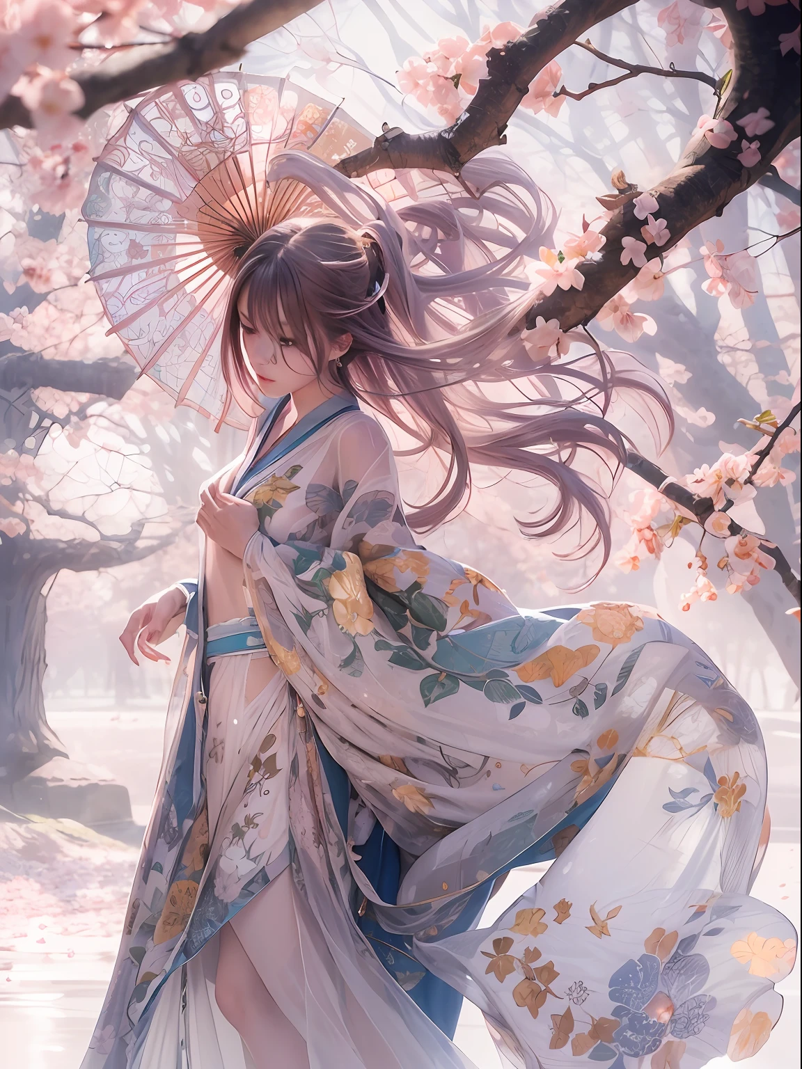 loose outfit、Show shoulders、How to wear a broken see-through kimono、Decorated with intricate patterns and bright colors、Transparent material that makes the skin shine、Artistic depiction of seductive woman in kimono with wet thin cloth and transparent skin, Floral and fantastic pattern with flowing silky traditional see-through skin。Her dress draped elegantly around her curvaceous figure、Emphasizes her charming silhouette。She's a gentle fireworks night、Dynamic Posing、Sexy Posing、bathed in the soft glow of moonlight。The scene is、With a hint of mystery and sensuality、It exudes an ethereal dreamy atmosphere。The image style is、It incorporates a blend of watercolor and digital illustration techniques.、It makes you feel delicate beauty and charm。Soft moonlit lighting、Cast gentle highlights and shadows on her mesmerizing features。Dynamic Posing、Bold poses、The hand is somewhere、see -through、show through、A sexy、Wet hair、Wet、cherry trees、flower petals、cherryblossom、The cherry tree、Sakura blizzard、buried、Transparent skin、Wet clothes、Chest Pulling、Translucent clothes、On the water、