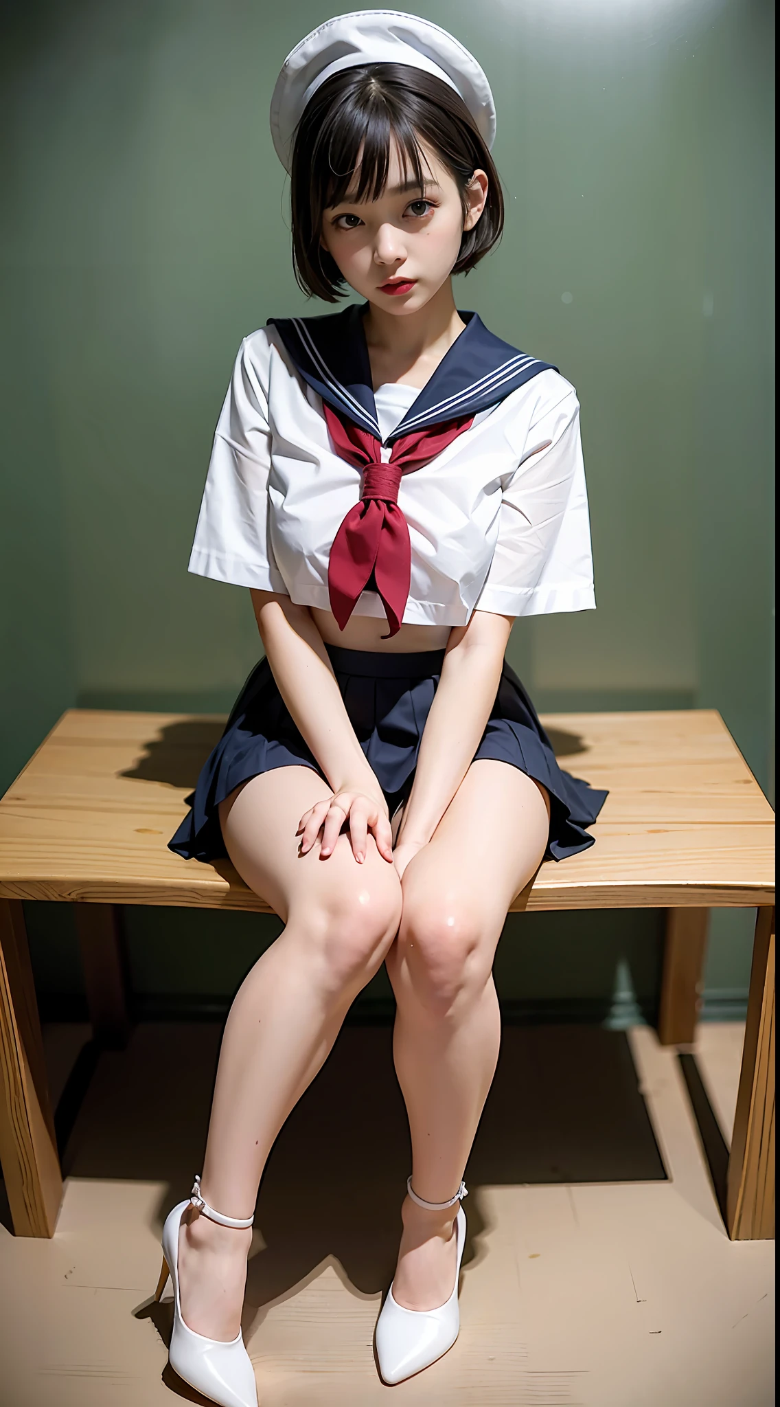 (8K、RAW Photos、top-quality、masterpiece:1.2)、(realisitic、Photorealsitic:1.37)、女の子1人、japanes、18year old、femele、Classroom、natta、profetional lighting、Photon mapping、torn、Colossal tits、The tips of the knitted, which are pure white and very small in size, stick out、areola protruding、The shape of the pubic area is clearly visible、gals、Lots of lashes、Lame on the eyelids、Pitch black lip、Pitch black heels、pubick hair、the lower abdomen bristles、A slender、crotch open、My are big and are about to spill out of my bra、Very much pubic hair、pubic hair is very protruding、((Short sailor suit、Short pleated skirt,No hat))、maroon short hair