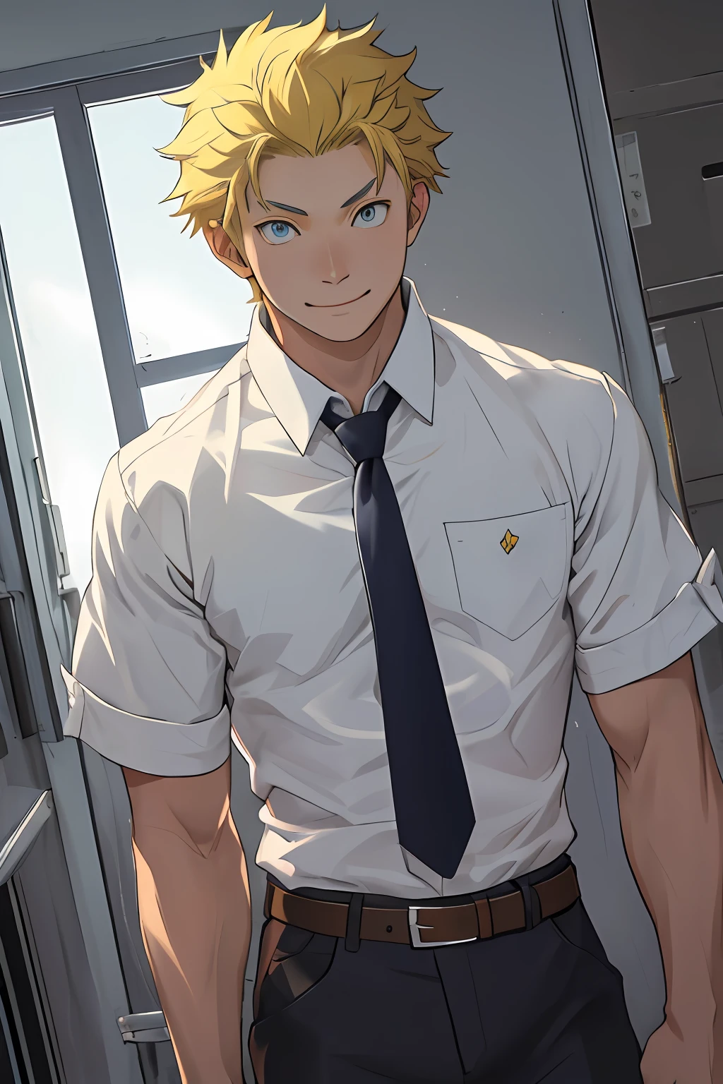 (1 Adult male),A high resolution, Sharp focus, Pixiv masterpiece, ((Complicated details)), highly detailed, natsuki_subaru, 1 man, ssmile,full bodyesbian,Reached, blue color eyes(eyes glowing), Short yellow hair,white shirt,Wear a tie,Wear a belt,perspire,look from down