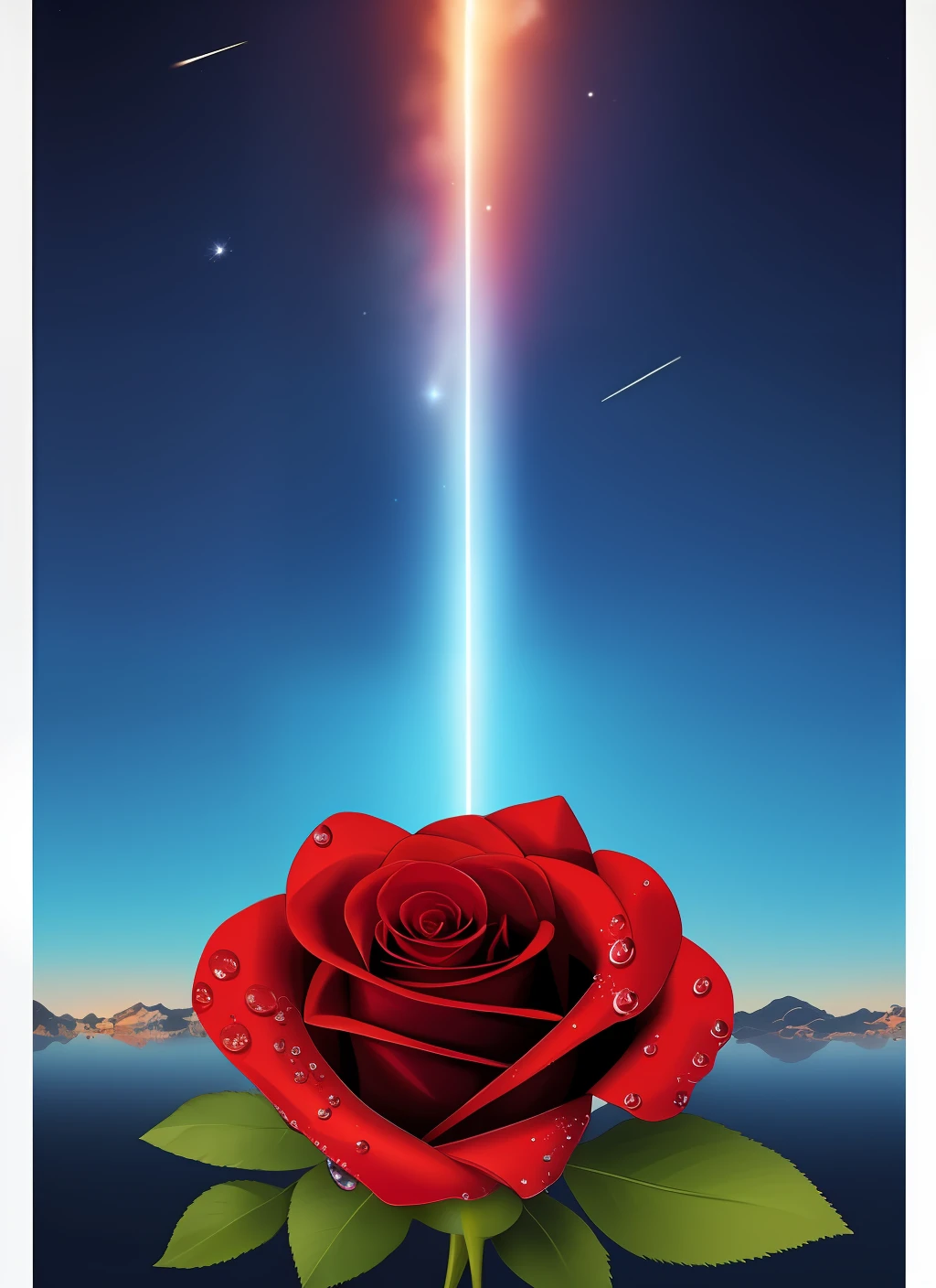 1. **size**: The size of the poster can be set to 60cm * 90cm。Such a size ensures that the poster has enough space to showcase all the visual elements。
2. **Where and when to publish**: The background of the poster can use elements of Interstellar Zero,For example, starlight、Starcloud、Spaceships, etc,to echo the romantic theme of the Comic Con and the universe。
4. **Overall style and color matching**: Posters in diffusion style usually give an abstract and dreamy feeling,Perfect for the aesthetic of teenagers。In terms of color matching,Use contrasting but not harsh colors,Such as light blue and light pink,Roses can be highlighted with bright red。
5. **Highlight elements**: Roses should be a prominent element in the poster,Can be through shapes、Size and position to highlight。ao mesmo tempo,Add some visual elements related to roses, such as water drops。
6. **Specific contents**: Place a shooting star in the center of the poster,The trajectory of a meteor can form a heart shape,Symbolizes cosmic level romance。