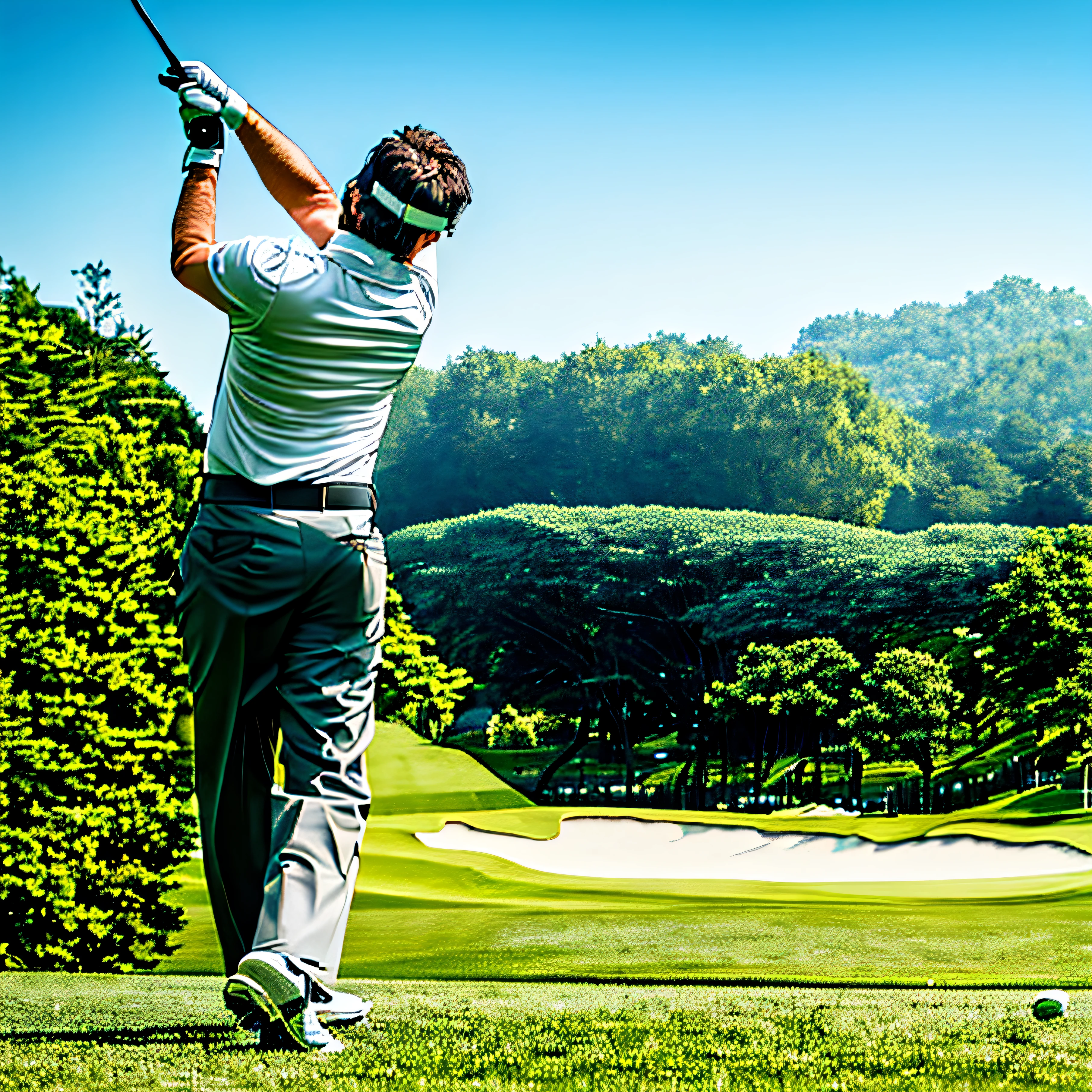 Ala Fed Man waving a golf club on a sunny day, verdant, Mid Action Swing, Photo Shot, Perfect Green Fairway, istock, Professional shots, cover shot, Motivated, photo mid shot, thumbnail, Centering Shot, Great graphics, On a scenic background, Wearing golf shorts, Golf course in the background, masterful technique, beginner