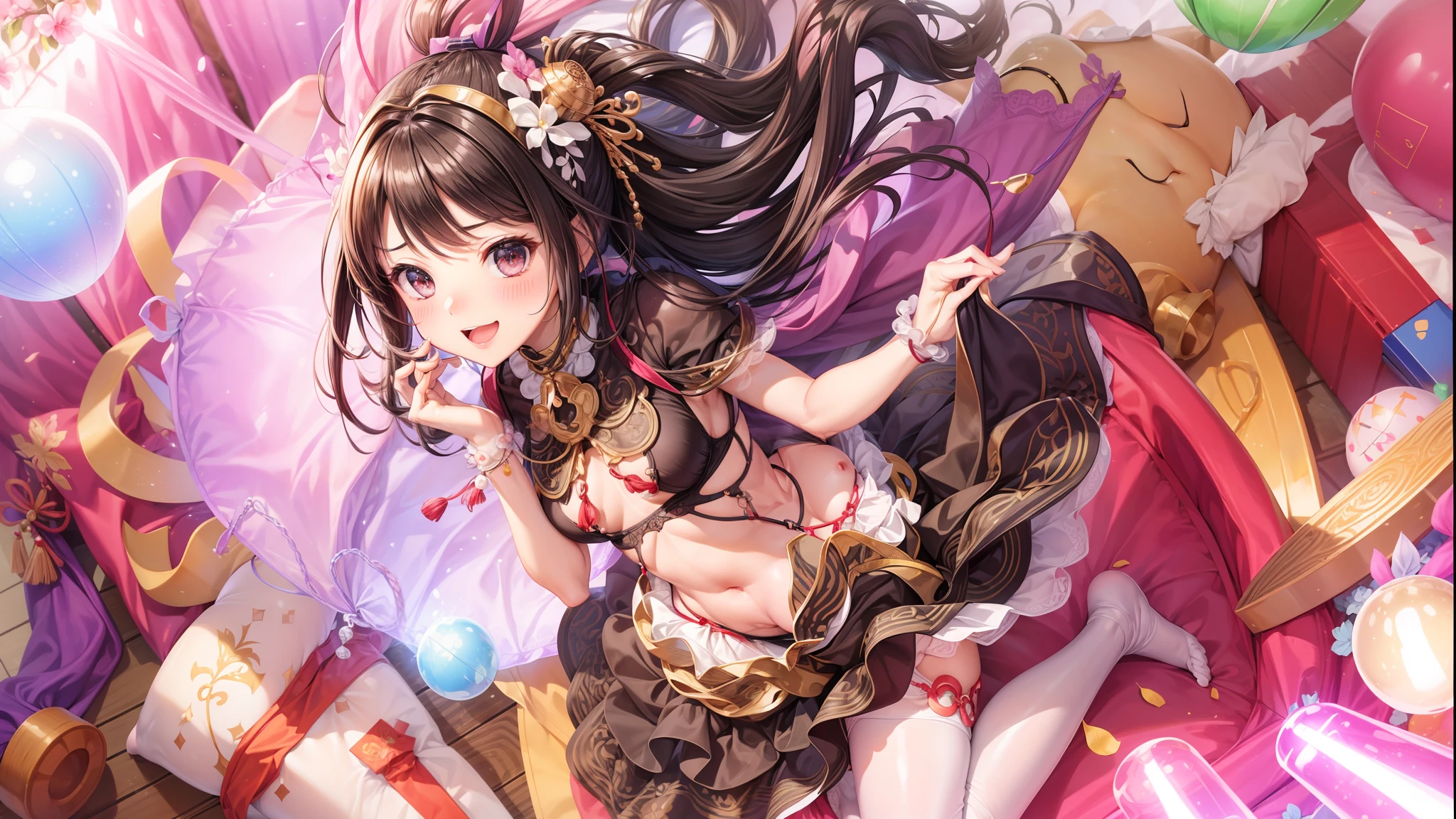 hightquality、masutepiece、Clean face、mekosji、invisible clothes、Opening legs、very transparent clothing、very transparent underwear、Open your legs、Open your legs on your back、Opening legs、Open your legs in an M shape、Chignon、A smile、plump thighs、Navel、Chest、Perforated lingerie