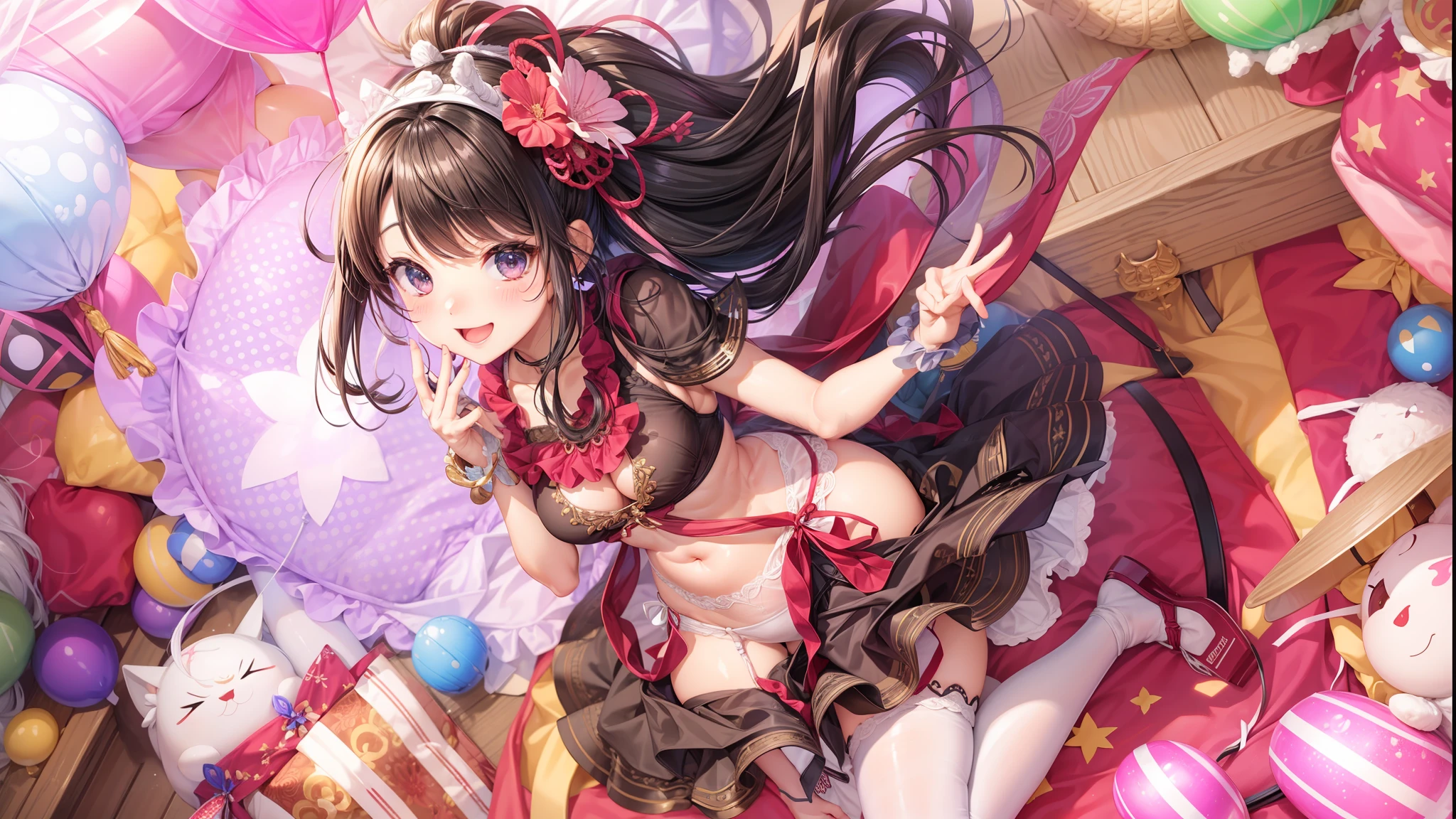 hightquality、masutepiece、Clean face、mekosji、invisible clothes、Opening legs、very transparent clothing、very transparent underwear、Open your legs、Open your legs on your back、Opening legs、Open your legs in an M shape、Chignon、A smile、plump thighs、Navel、Chest、Perforated lingerie