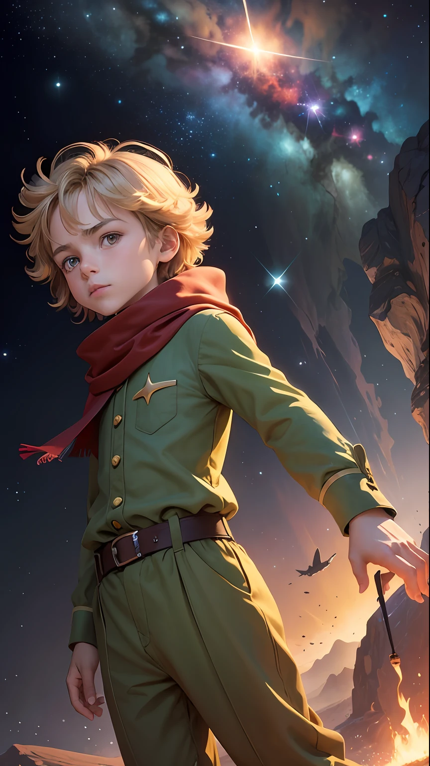 detailed book cover mockup, The cover will be a cartoon illustration of a little boy wearing a green jumpsuit and a red scarf, standing on a planet with his arm extended and pointing towards the sky. The planet will have a quirky appearance, with hills and valleys. In the sky, there will be several stars surrounding a giant shooting star., The typography will be positioned on the top and bottom right corner of the cover to allow for the cartoon visuals to take center stage., Its title is The little prince, "The Little Prince" will be written in big and bold font at the top of the cover with different hues of yellow and orange. The author's name "Antoine de Saint-Exupéry" will be written in smaller font on the bottom right corner of the cover., The cover will be made on a glossy finish to give off a playful and lighthearted feel., Its type is dark, featuring intricate artwork, incredible painting collaboration by Doré and Thole, free space for text, trending on amazon, astonishing book layout, 4k resolution, --auto