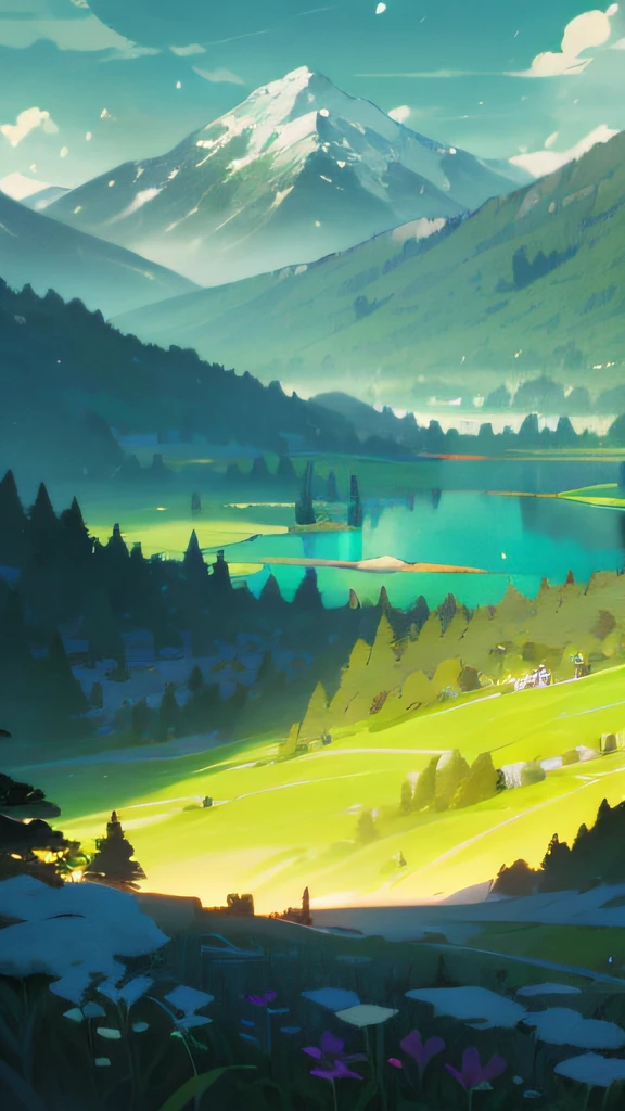 Towering snow-capped mountains，Turquoise Lake，Colorful flowers，Lots of bamboo，springtime，Plenty of sunshine，Sunlight strong，lightand shade contrast，picture，high qulity