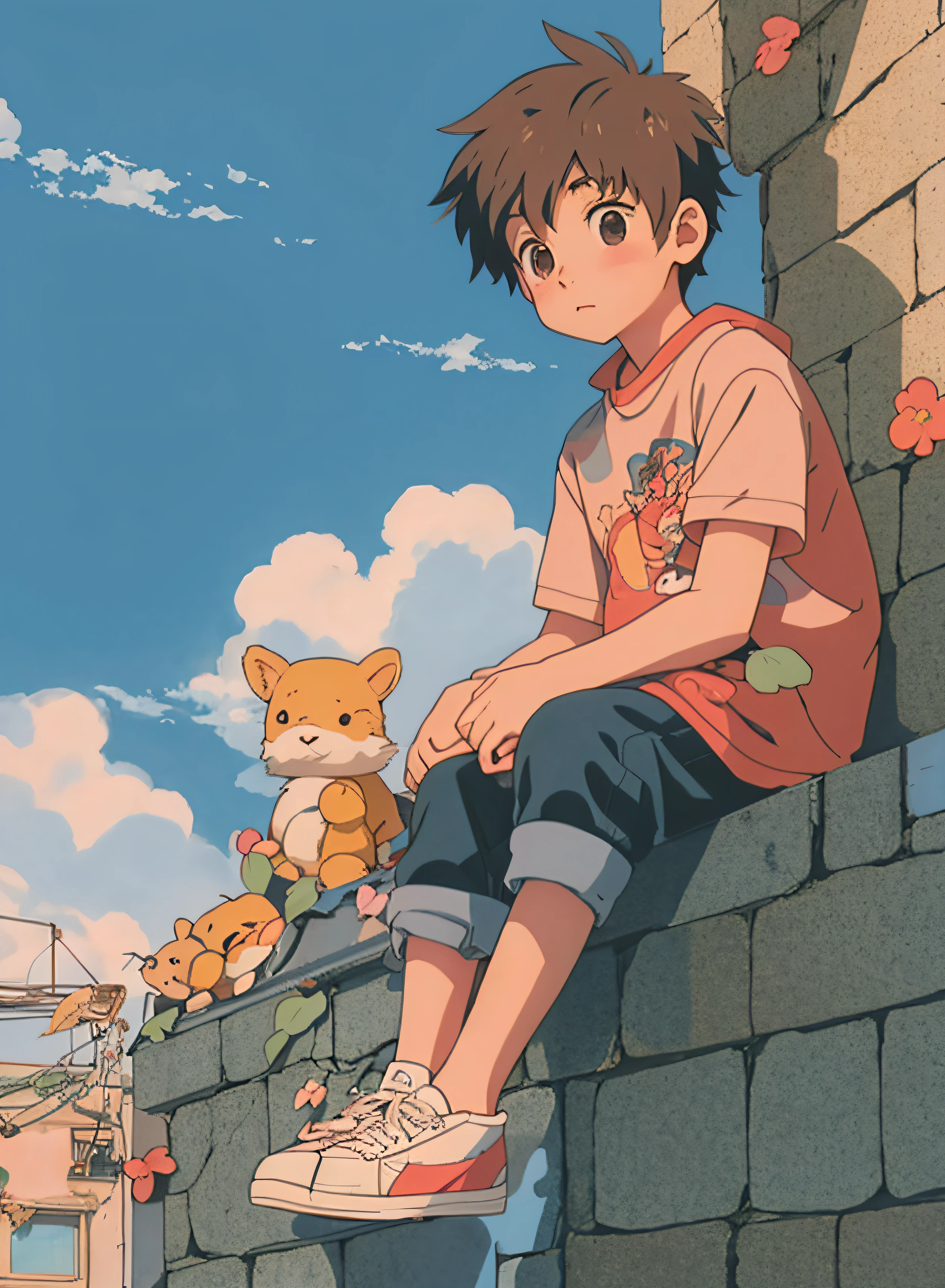 anime boy sitting on a ledge with stuffed animals, cute art style, lofi artstyle, cute detailed digital art, anime aesthetic, cute anime, high quality anime artstyle, anime boy, anime artstyle, cute detailed artwork, soft anime illustration, lofi girl, lofi aesthetic, lofi art, lofi, cute artwork, high quality fanart, illustrated anime