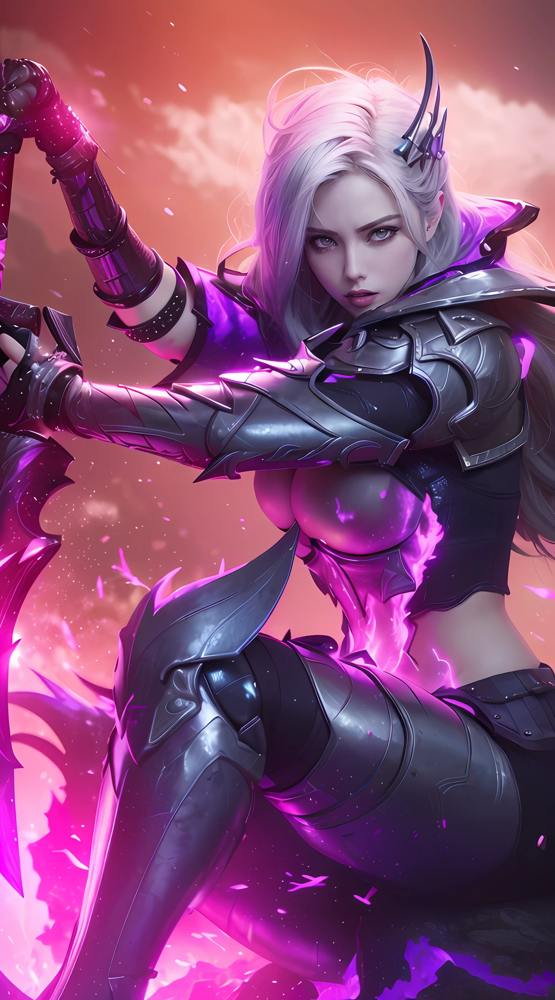 ((Best Quality, 4K, Masterpiece: 1.3)), (Detailed: 1.4), Reality, 1girl, a close up of a person holding a sword in a field, leblanc, splash art, katarina, irelia, fuchsia skin below the armor, arcane jinx, fuchsia skin beneath the armor, fiora from league of legends, league of legends character, samira from league of legends, Big Breast, Huge Breast, A woman with gray hair and armorsuit, Armor suit, beauty eyes, perfect eyes, perfect smile, 4K, HD, Ultra Realistic, extremely detailed, tfft