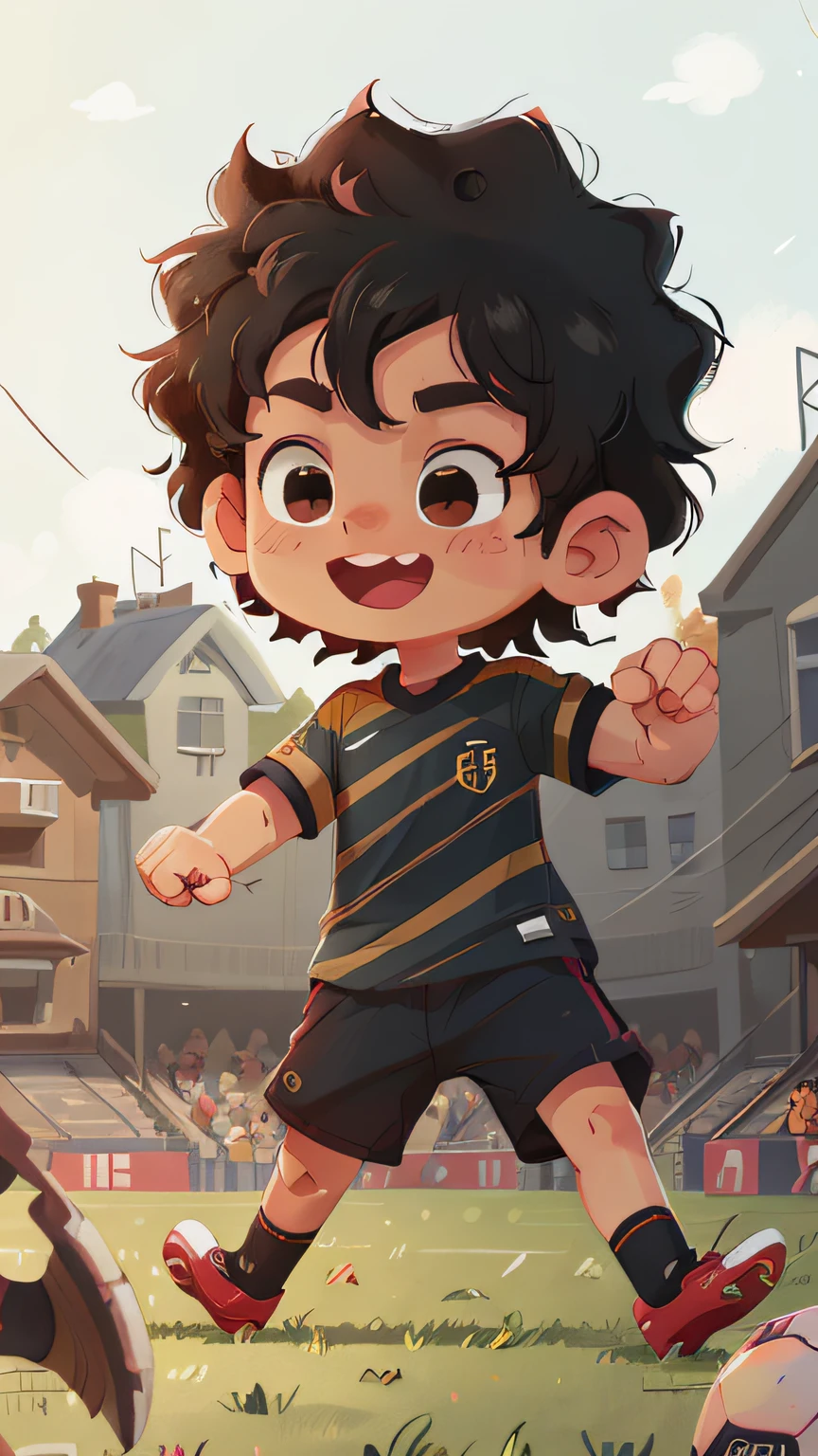 A boy, black curly hair, black football shirt, playing soccer, kicking soccer ball, soccer field, happy cheering in the background, happy, happy, perfect quality, clear focus (clutter - house: 0.8), (masterpiece: 1.2) (realistic: 1.2) (bokeh) (best quality) (detailed skin: 1.3) (intricate details) (8K) (detail eyes) (sharp focus), (happy)