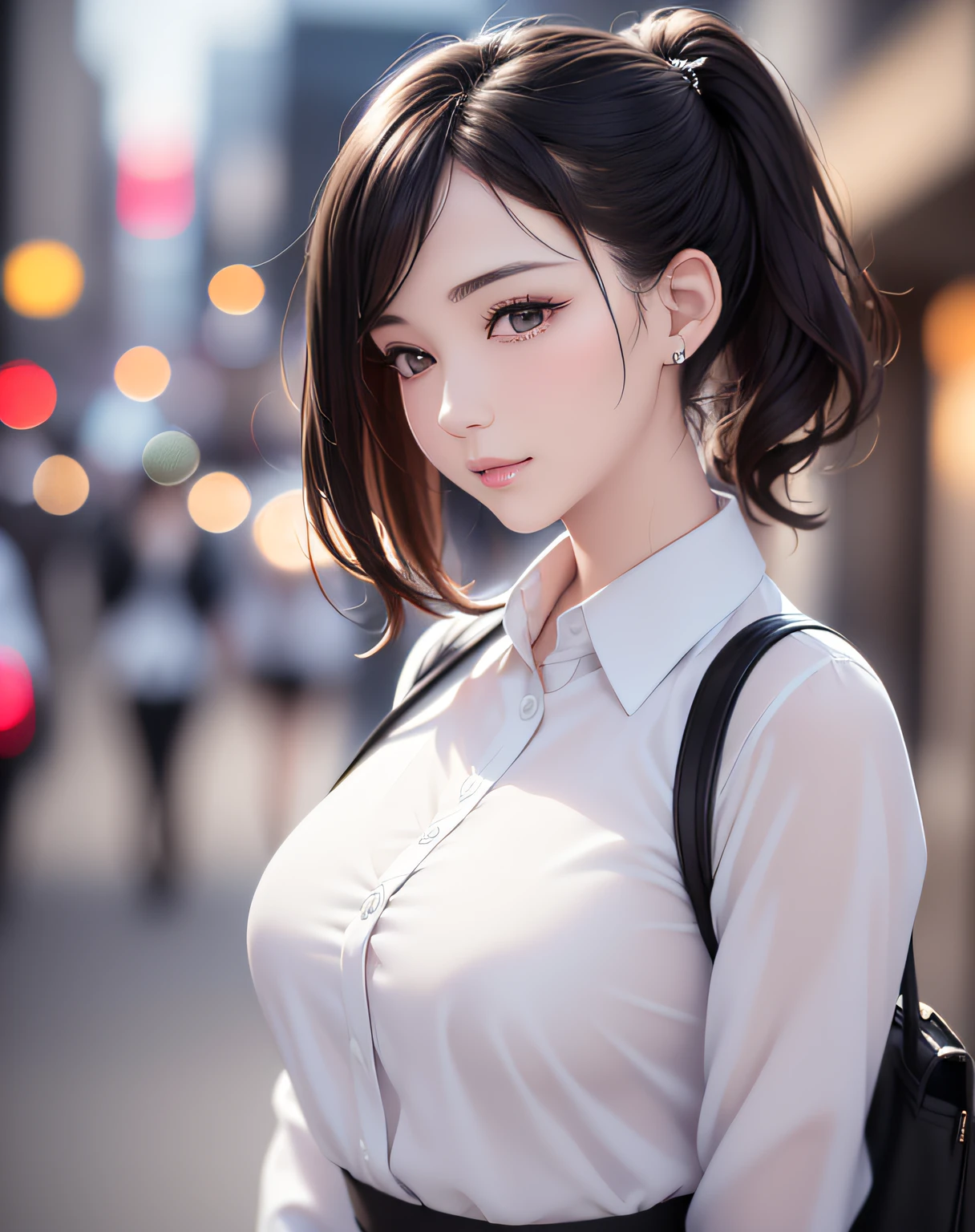 (event companion:1.5, midtown street background:1.5, standing on turn-table:1.5), photo realistic, anime style, (8k, RAW photo, best quality, masterpiece:1.2), High detail RAW color photo, professional photograph, cowboy shot, (realistic, photo realistic:1.37),cinematic light, (finery detailed face:1.2), cowboy shot, thigh 1 girl in bath, 28-38 years old, very cute, very beautiful, photo realistic, event companion, BREAK, white oily skin, real human skin, (detailed face), oval face, pores, round eyes:1.0, ultra high res, BREAK, slim, (medium-large-breast:1.37, cleavage:1.37), (looking straight at viewer with a serene and goddess-like happiness:1.2), (lifter gloss, eyelashes, gloss-face, best quality, ultra highres, Broad lighting, natural shading), (beautiful thin short hair, wavy pony-tail hair style:1.5, shiny-black hair:1.5), BREAK, (event companion uniform:1.3, white collared shirt;1.3, black high-waist pencil-skirt:1.3), BREAK, ((show case:1.5, standing in the street1.5)), ((from below:1.3, show girl posing1.5)), blurry background, bokeh, depth of field, cowboy shot:1.3, centered image,