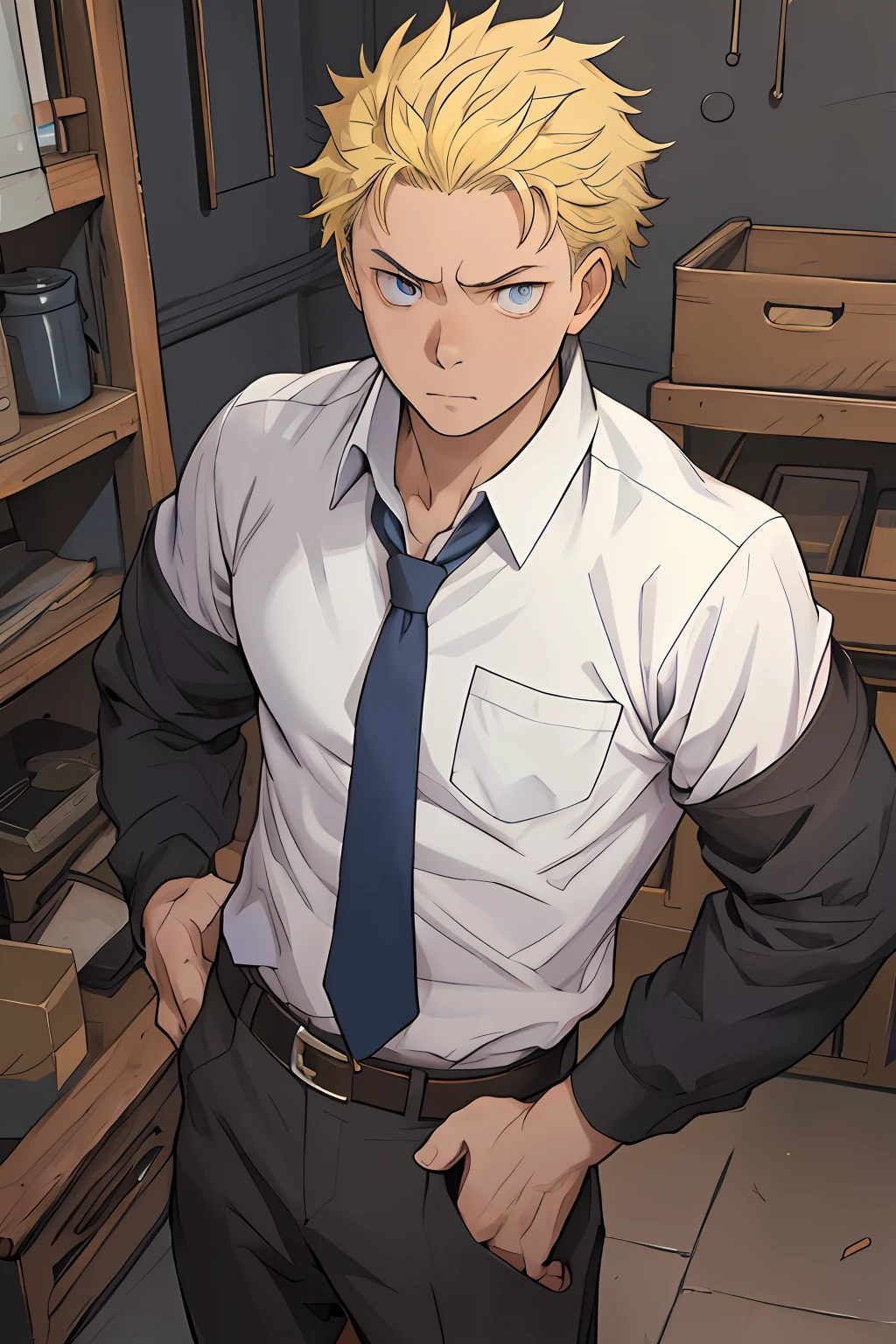 （1 Adult male），A high resolution， Sharp focus， Pixiv masterpiece， （（Complicated details））， highly  detailed， natsuki_subaru， 1 man， serious，full bodyesbian，Reached， blue color eyes（eyes glowing）， Short yellow hair，white  shirt，Wear a tie，Wear a belt，perspire，look from down