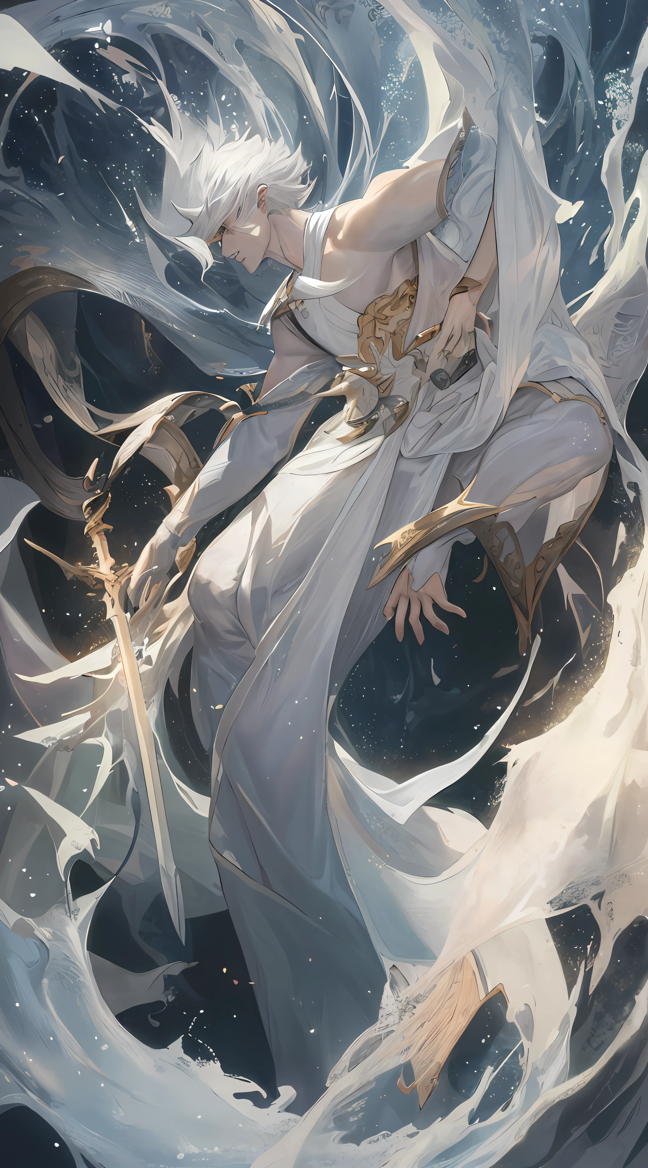 Close-up of a man in a white dress holding a sword, portrait of Yang J, popular cgsociety, fantasy art, beautiful figure painting, Guwiz style artwork, Guwiz, white Hanfu, flowing white robe, full body martial arts, epic exquisite character art, stunning character art, handsome male assassin
