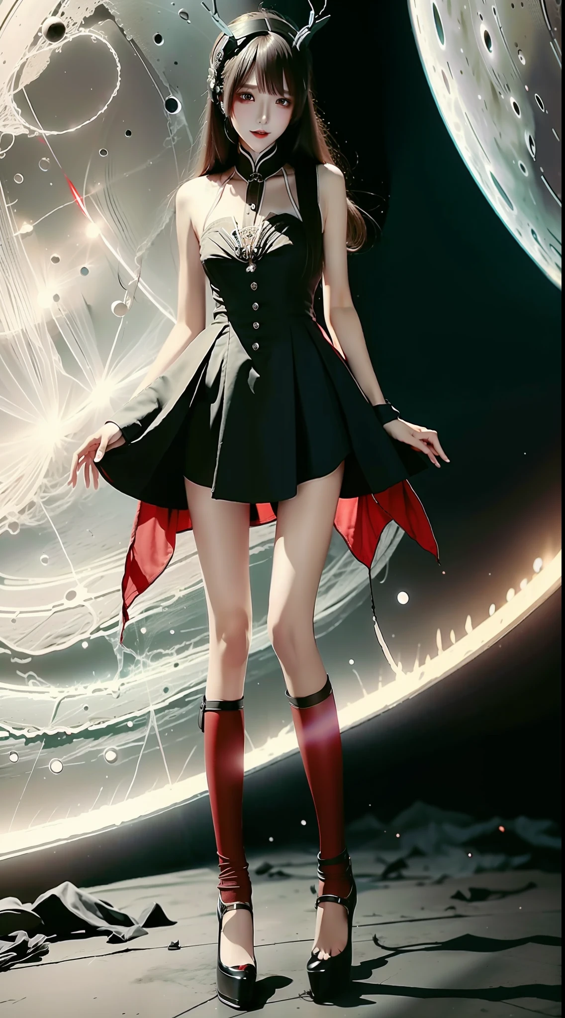 Long legs and thin legs,blackstockings,Red blood,Clothing for traces of war,Background of moonlit night。