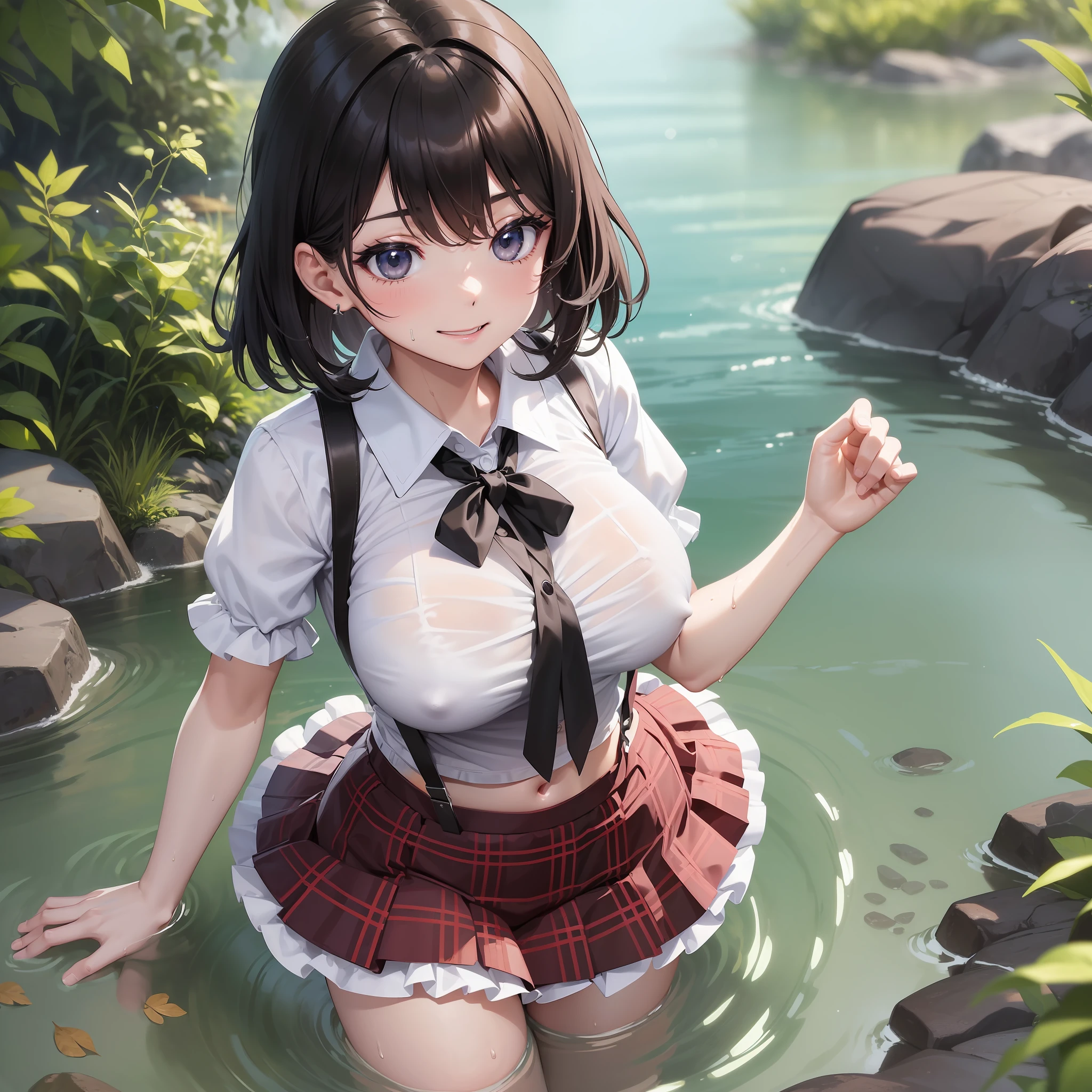masterpiece、top-quality、8K、Full body drawing、dynamic ungle、Perfect Style、独奏、One girl、face perfect、Beautiful face、Beautiful eyes、Beautiful hair、Beautiful black hair slender beauty、Glamour Beauty、short-hair、Kawaii Girl、Schoolgirl、Dressing、(Wet and see-through in the river water:1.eparate the upper and lower costumes、(White Y-shirt:2)、S button cre、Red Ribbon Tie、((Sexy black urwear))、((Cute ruffle bra:1.3))、Cute lace panties、suspendt sandwiched between suspenders、(Ultra mini skirt、pleatedskirt、Delicate ruffled skirts and details、Red and green plaid skirt)、too thin waist、Skinny Legs、(Colossal tits:1.6)、Long breasts breasts with tBust stistume、Underwear that digs into the bust、Huge ass、Mean and evil smile、A smile、campsite、Plag in the river、Calm river、