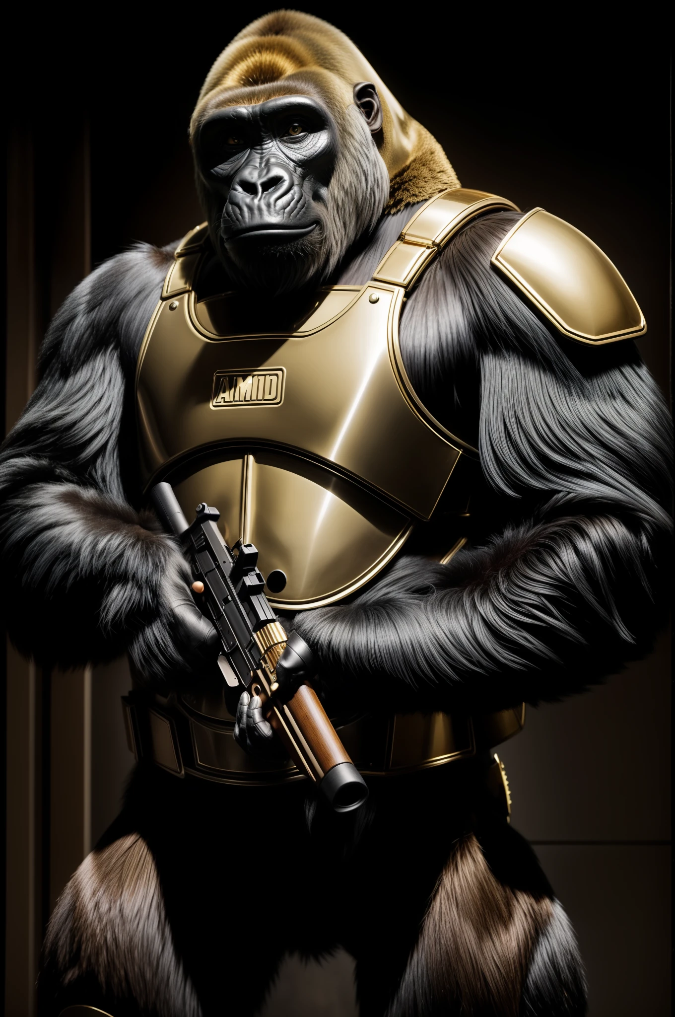 A gorilla in body armor holds a gun，tmasterpiece，Animal hair，Best quality at best，best detail，Multi-angle lighting，ambient lights， Photorealsitic，banknotes，gold，jewely，arma。