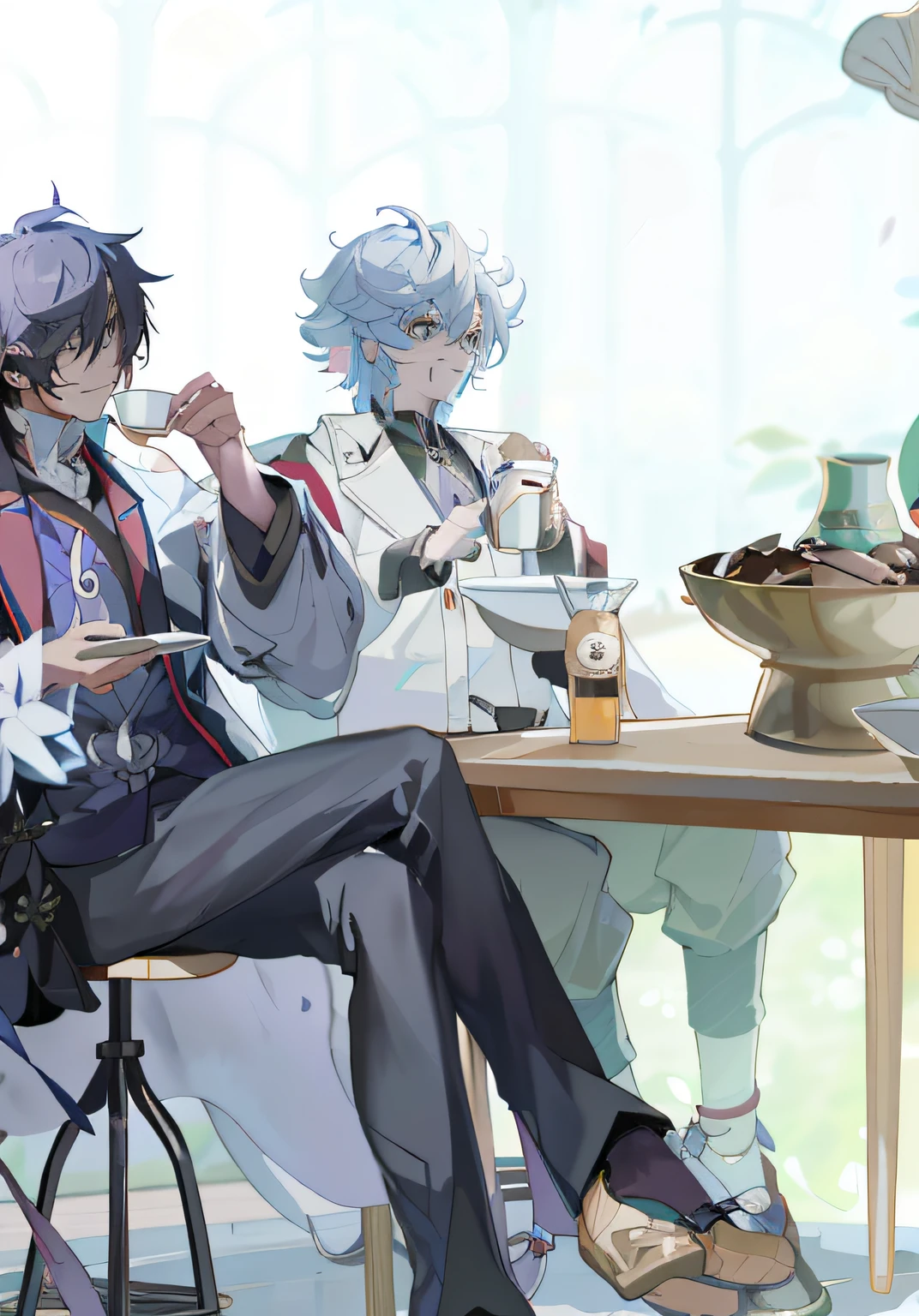 anime character sitting at a table with a cup of coffee, Best anime 4k konachan wallpaper, inspirado em Okumura Masanobu, nixeu and sakimichan, highly detailed exquisite fanart, Guviz-style artwork, inspired by Okumura Togyu, sakimichan and frank franzzeta