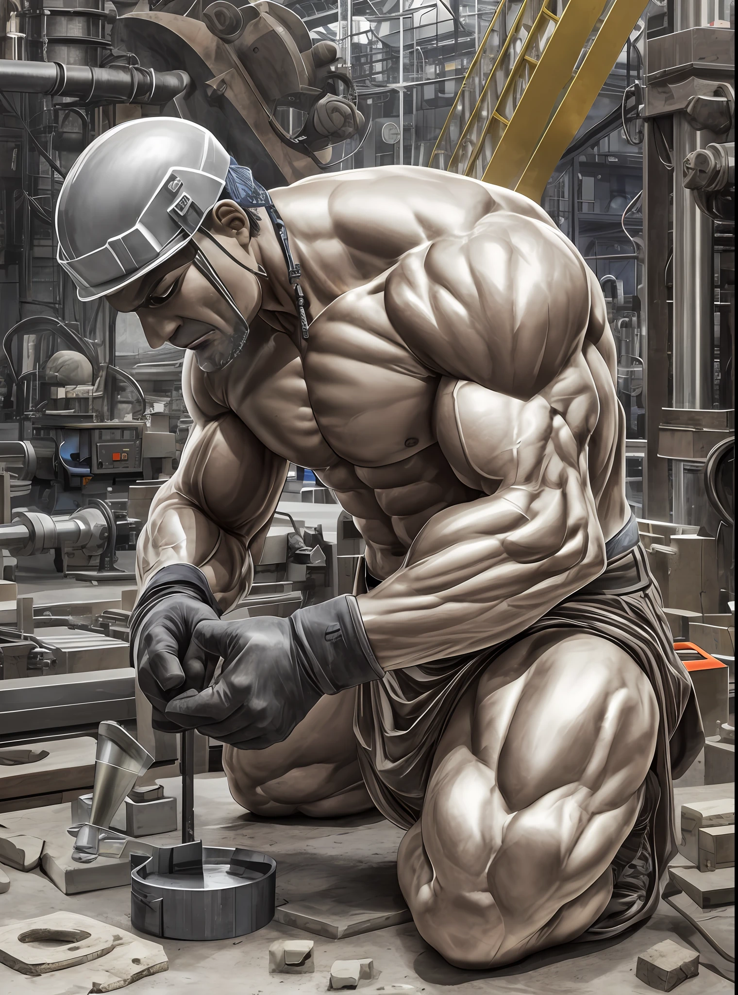 Metal plant worker, Working on a machine tool, muscular body, detailed, Greek sculpture, white stone, detailed body