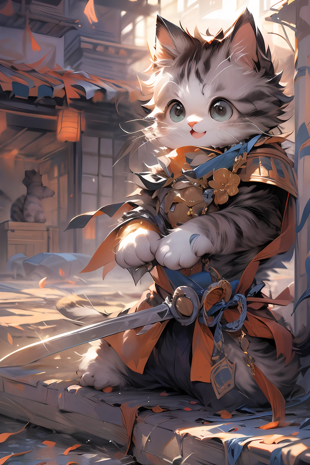 (Masterpiece:1.2, high quality),cat, absurdres, highres, ultra detailed, 1cat, cute [cat:human] wearing samurai armor, smile, holding sword