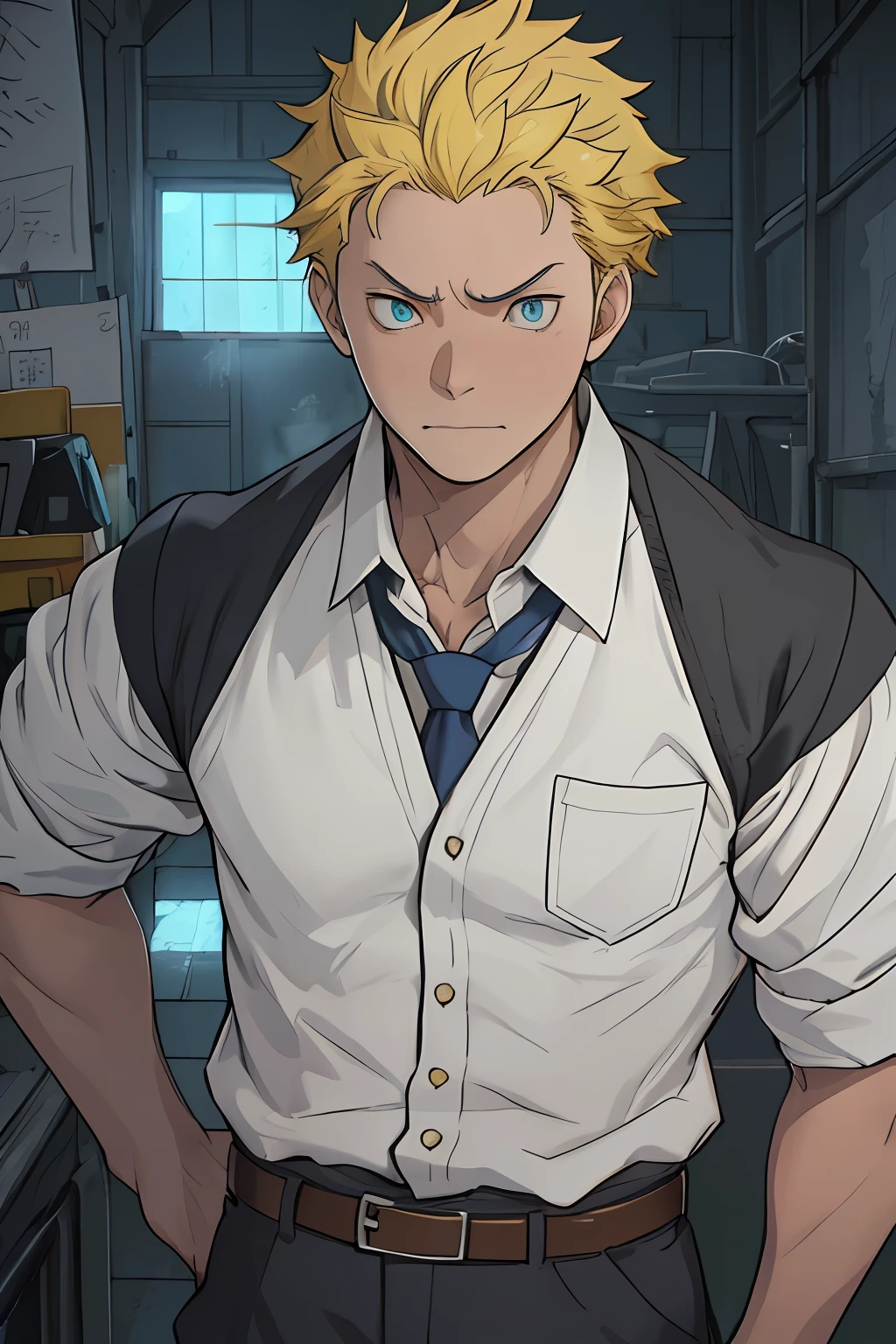 （1 Adult male），A high resolution， Sharp focus， Pixiv masterpiece， （（Complicated details））， highly  detailed， natsuki_subaru， 1 man， irate，full bodyesbian，Reached， blue color eyes（eyes glowing）， Short yellow hair，white  shirt，Wear a tie，Wear a belt，perspire，look from down